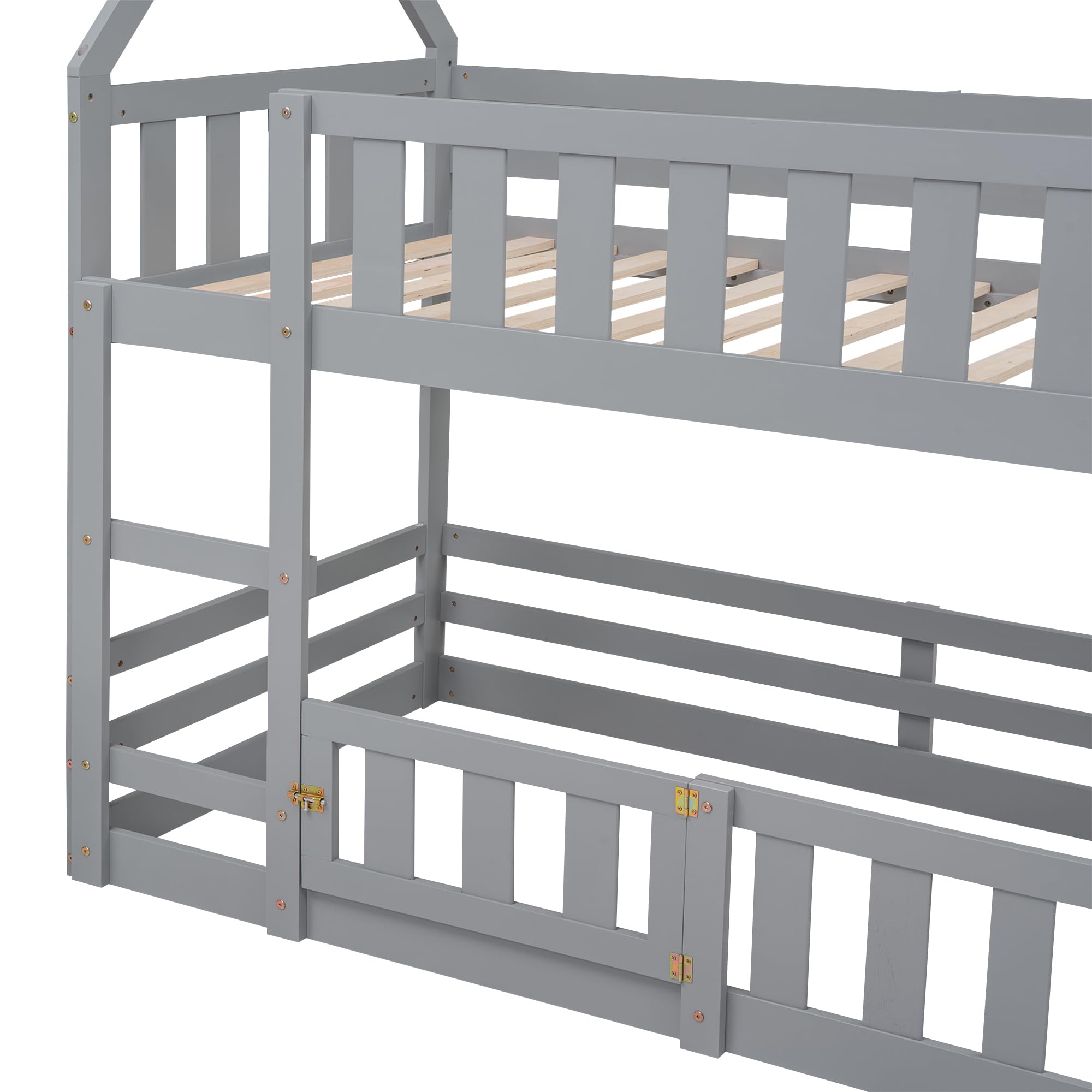 SOFTSEA Twin Over Twin Kids Bunk Bed - Low Floor House Design with Safety Fence, Door & Guardrails - Sturdy Wood Frame with Ladder - No Box Spring Needed - Gray - Perfect for Kids' Bedrooms, Guest Rooms & Small Spaces