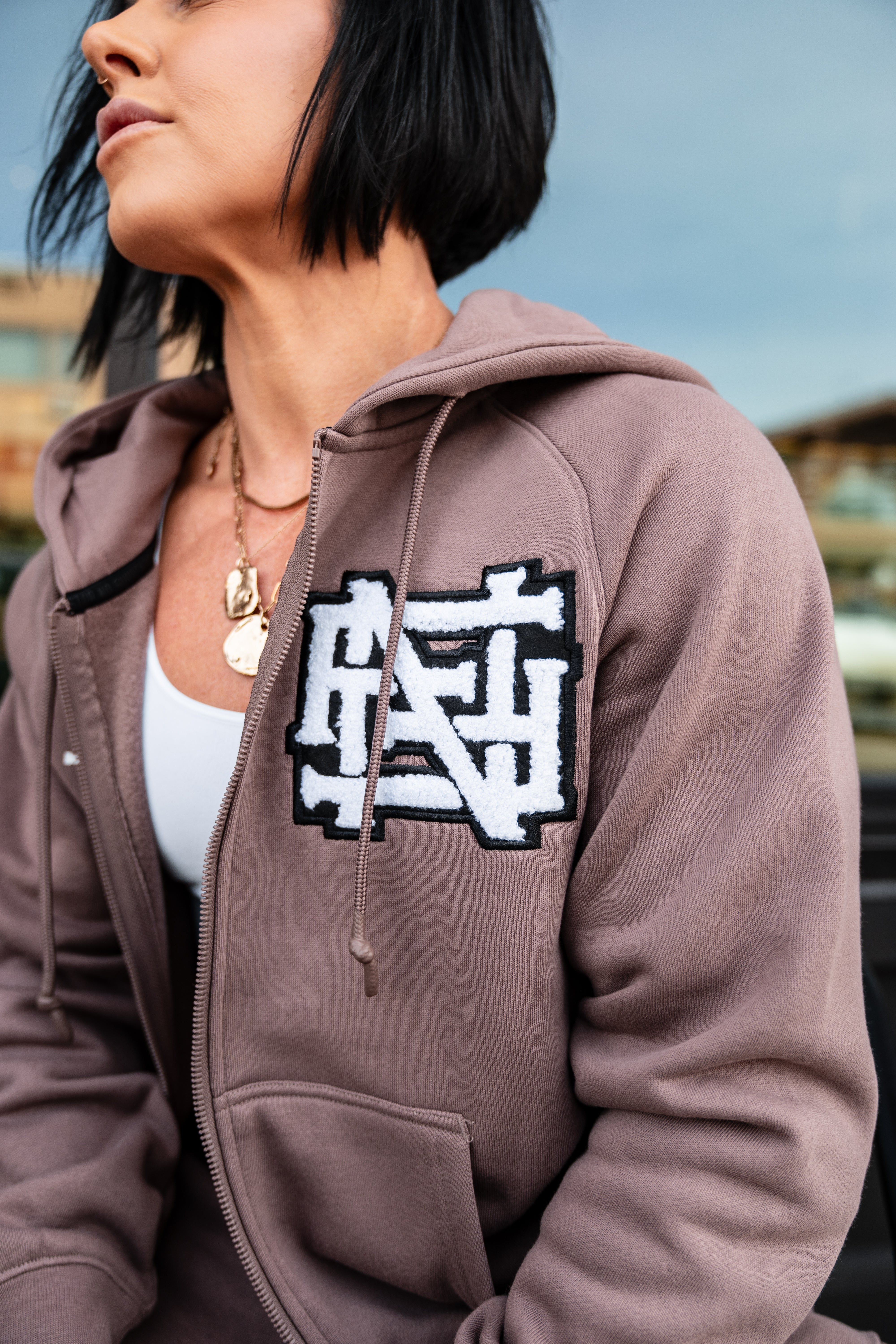 Varsity Patch Zip Up Hoodie - Earth Tone College Style Pullover for Men & Women | Perfect for Casual Wear, School Spirit, and Street Fashion