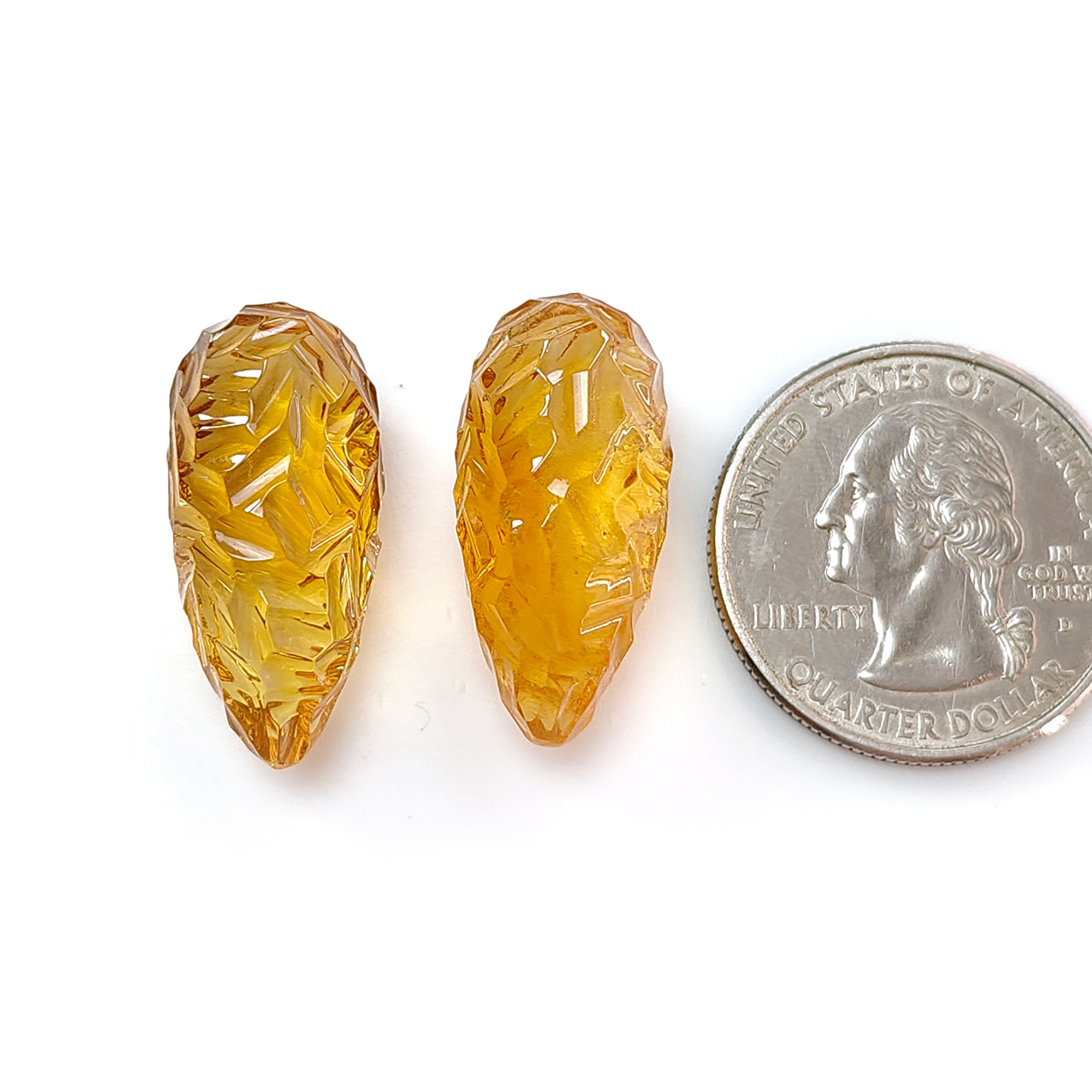 Natural Yellow Citrine Gemstone Carving - 43.40cts Untreated Unheated Hand Carved Teardrop Shape 25mm Pair - November Birthstone for Jewelry Making & Healing Crystal Collection