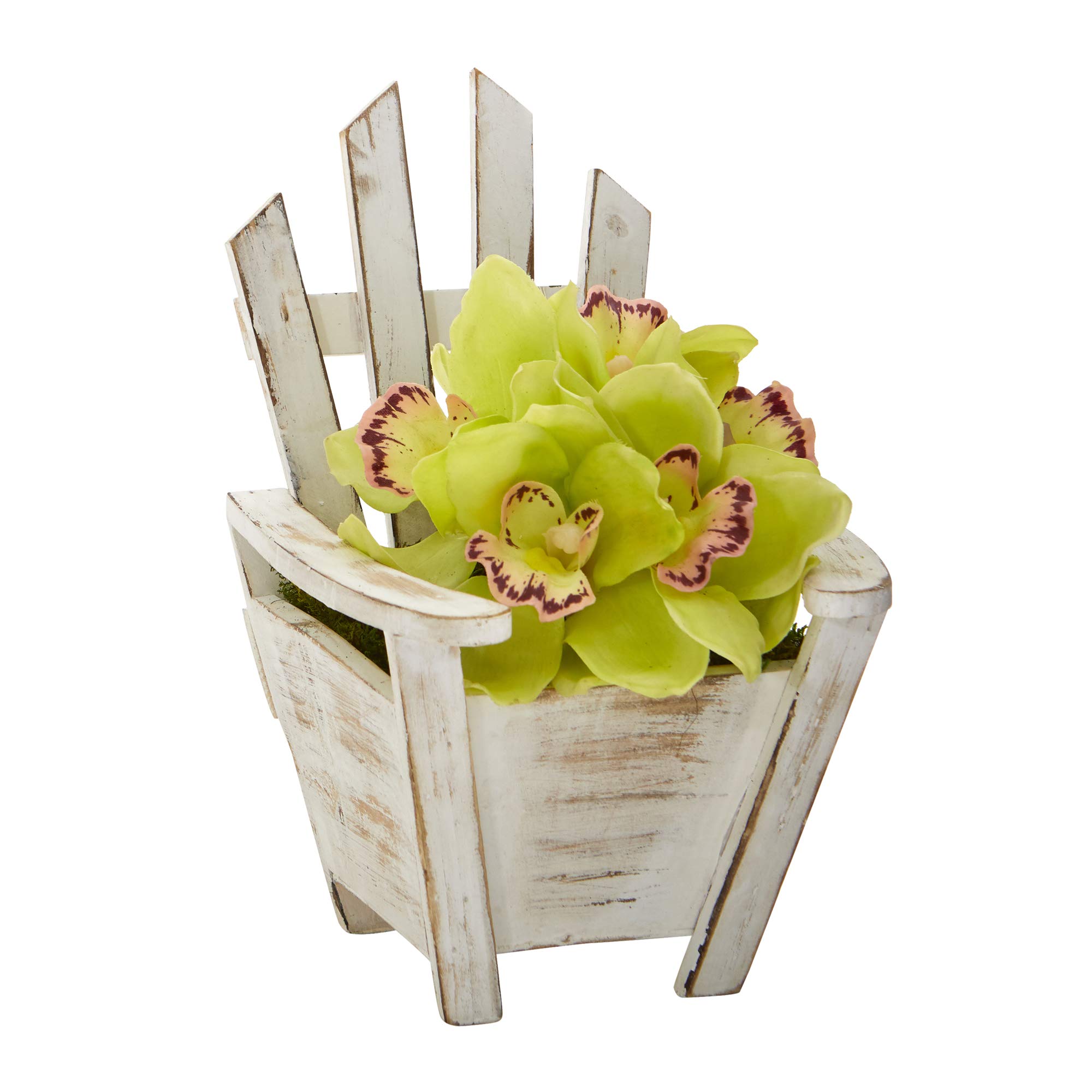 Nearly Natural 8-inch Mini Cymbidium Orchid Artificial Silk Flower Arrangement in Chair Planter - Green - Perfect for Home Decor, Office Desk, Wedding Centerpieces & Gift Ideas