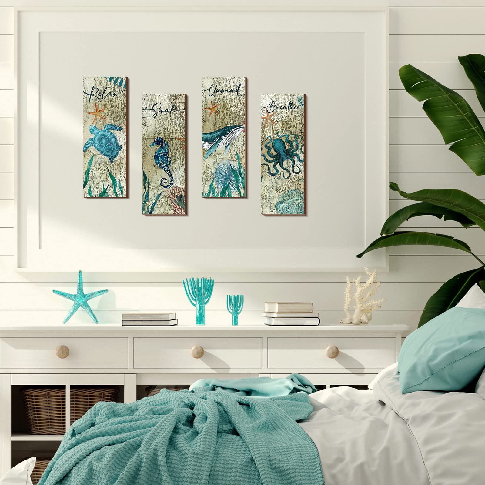 4-Piece Coastal Wall Art Set - Sea Turtle & Octopus Wooden Signs for Beach Bathroom Decor, Nautical Bedroom Pictures, Teal Kitchen Accessories | Perfect for Coastal, Ocean & Nautical Home Decor Themes