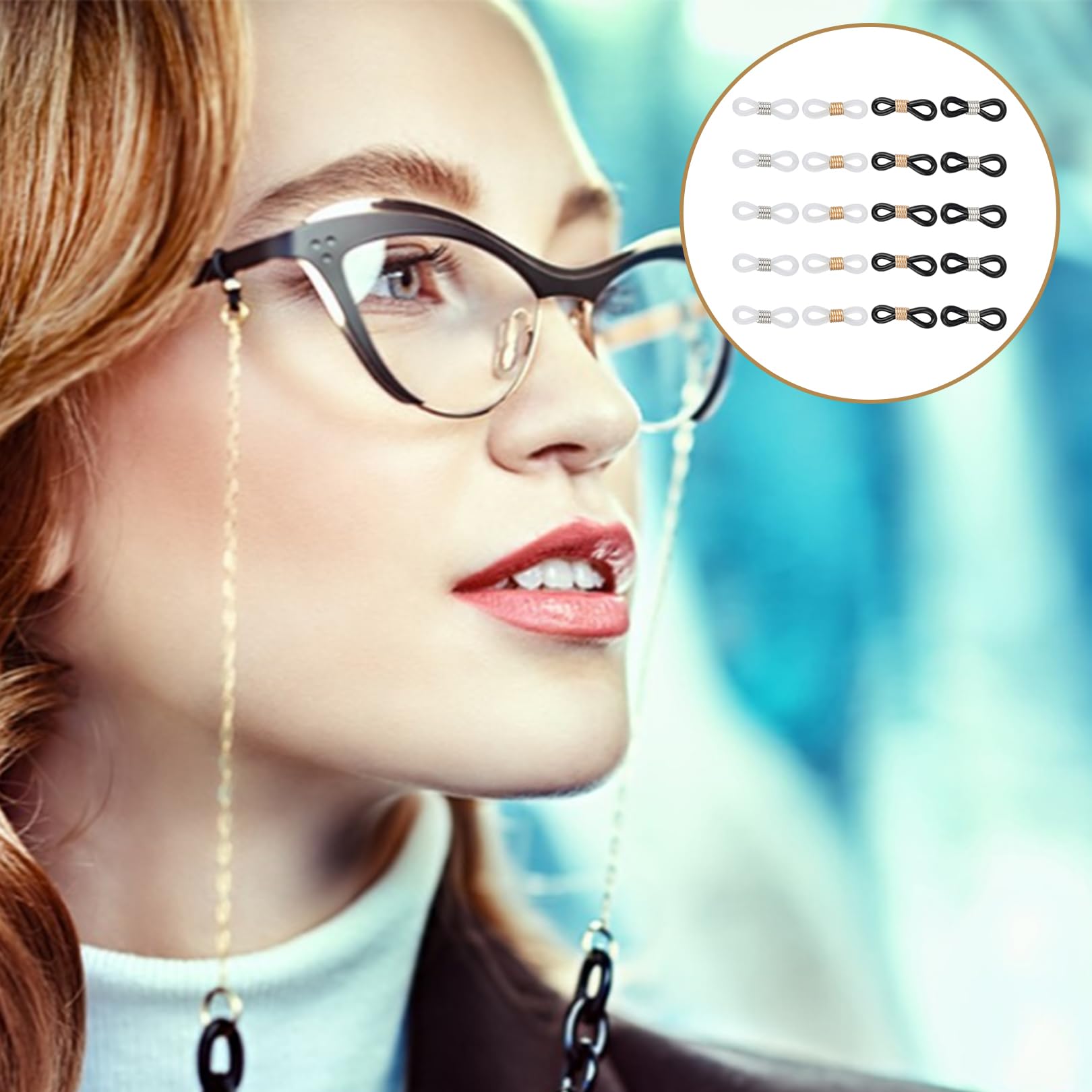 Jeufun 20pcs Adjustable Eyeglass Chains with Silicone Connectors - Anti-Slip Glasses Retainer Ends for Necklace Straps - Perfect for Reading, Sports, and Outdoor Activities