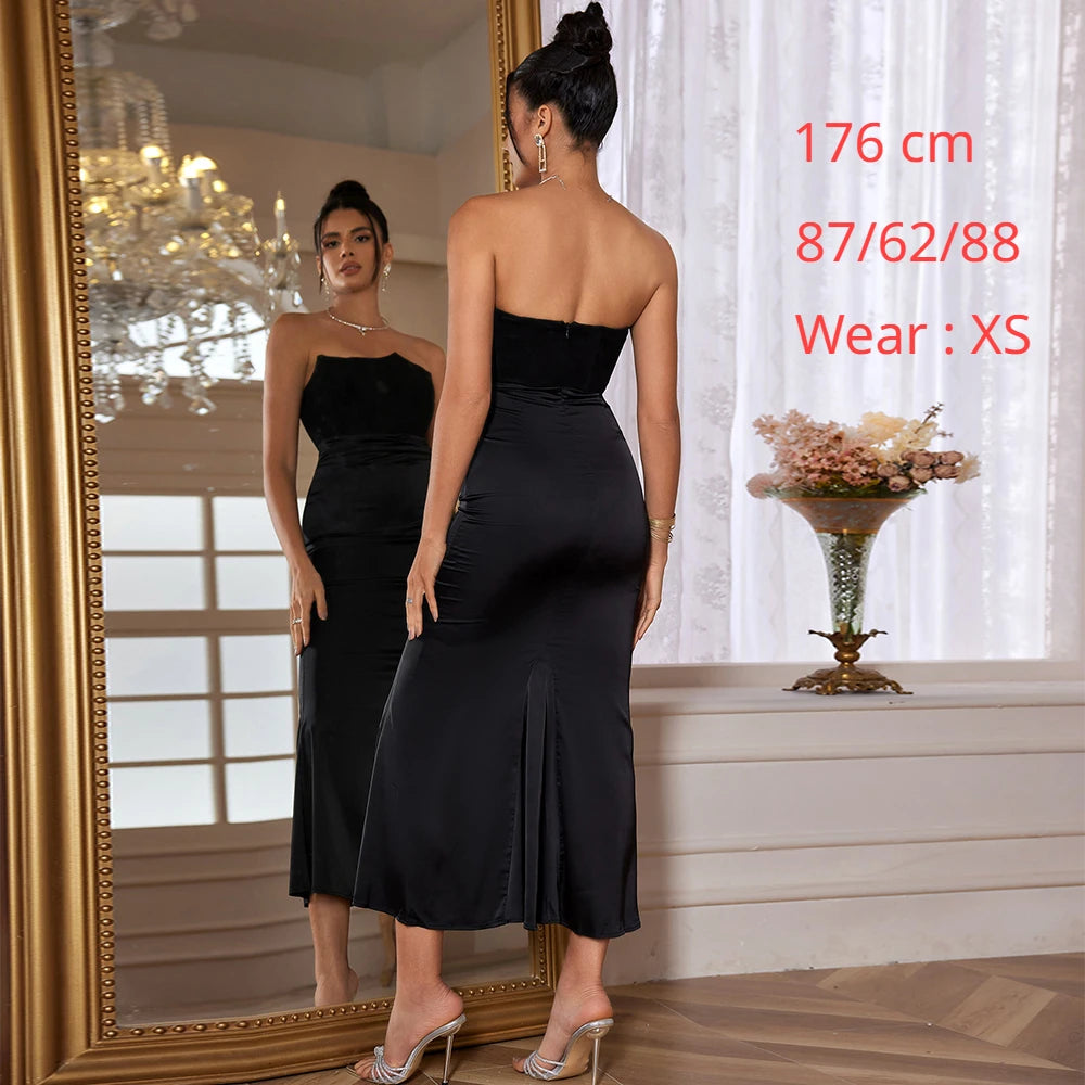 Elegant Black Velvet Strapless Corset Maxi Dress for Women - Perfect for Weddings, Parties & Formal Occasions | Sexy Satin Long Evening Gown with Boning for Special Events