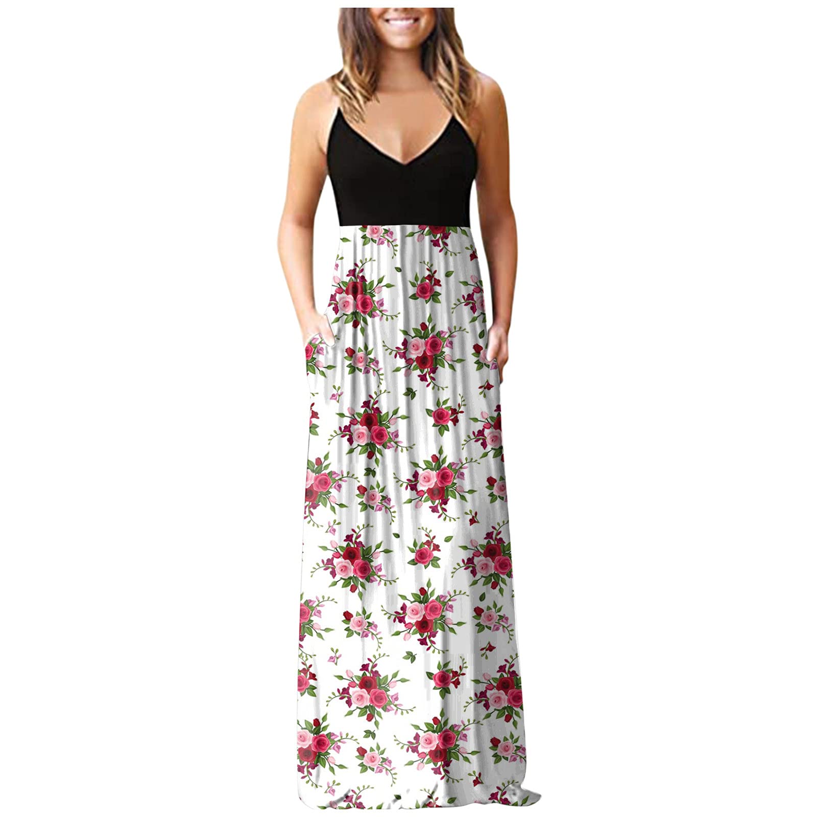 Women's Floral Print Sleeveless Maxi Dress with Pockets - Casual Loose Knit Beach Cover Up Dress for Summer Vacation, Pool Party & Boho Outfit