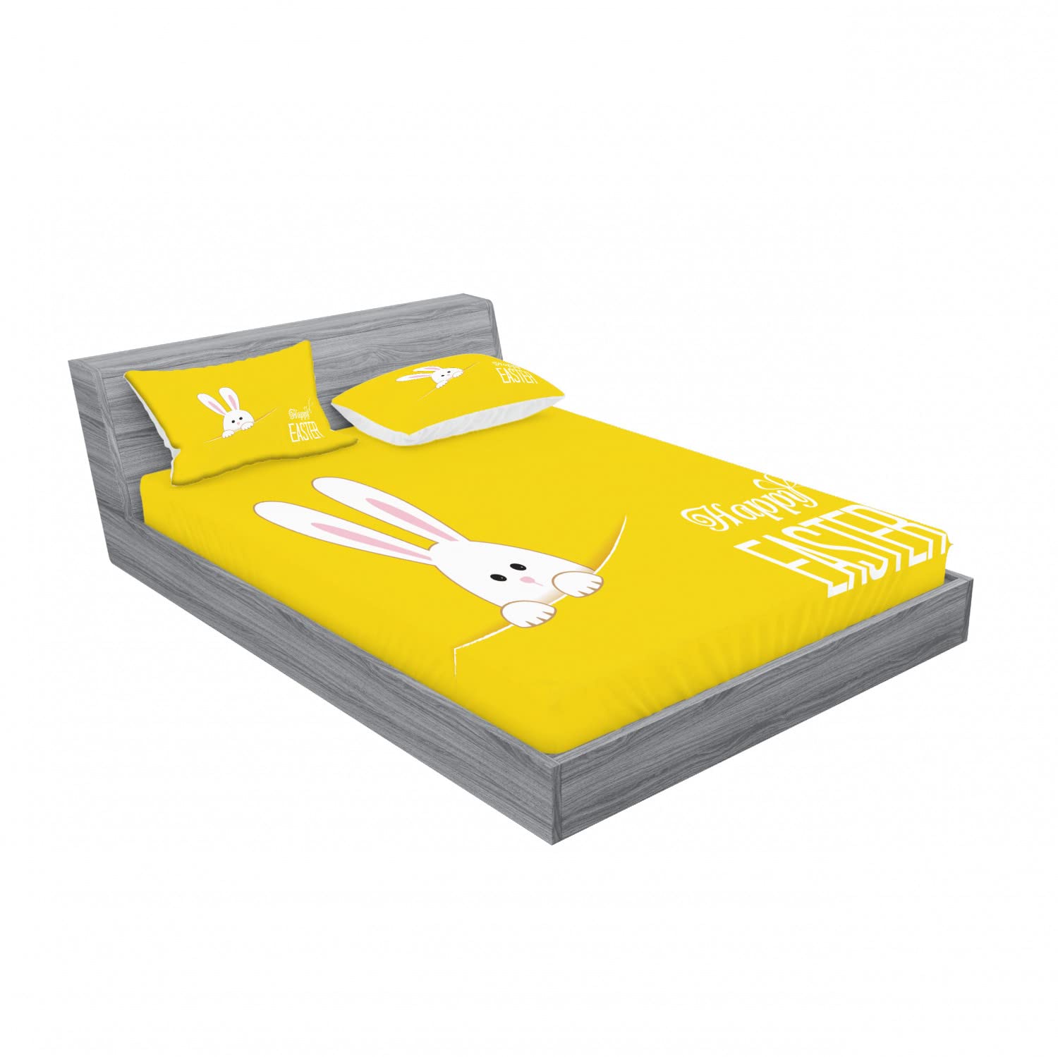Ambesonne 2-Pack Queen Size Fitted Sheet & Pillow Sham Set - Easter Bunny Rabbit Themed 4-Piece Bedding Set (2 Fitted Sheets + 4 Pillow Covers) in Yellow & White | Perfect for Easter Decor, Spring Bedroom Refresh & Gift Giving