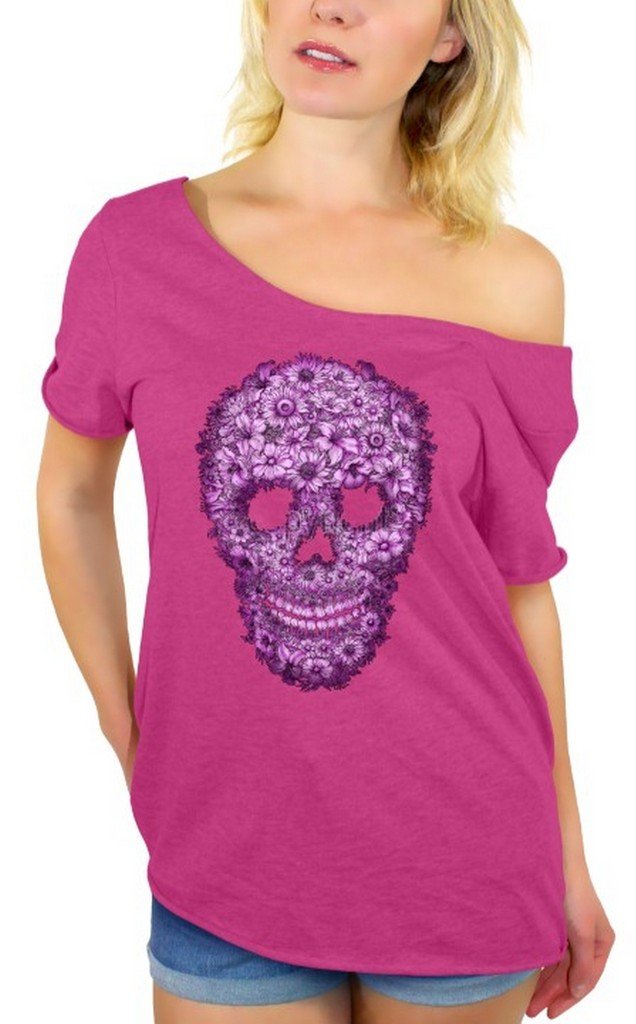 Stylish Sugar Skull Purple Flower Off Shoulder T-Shirt with Free Bookmark - Gothic Boho Fashion for Women | Perfect for Halloween, Music Festivals & Casual Wear