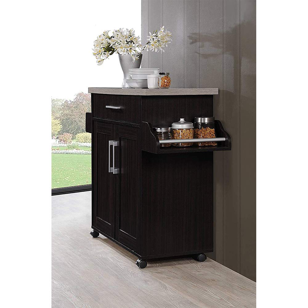 Hodedah Kitchen Island with Spice Rack, Towel Rack & Drawer - Chocolate Finish with Grey Top - Perfect for Small Kitchens, Pantry Organization & Extra Counter Space