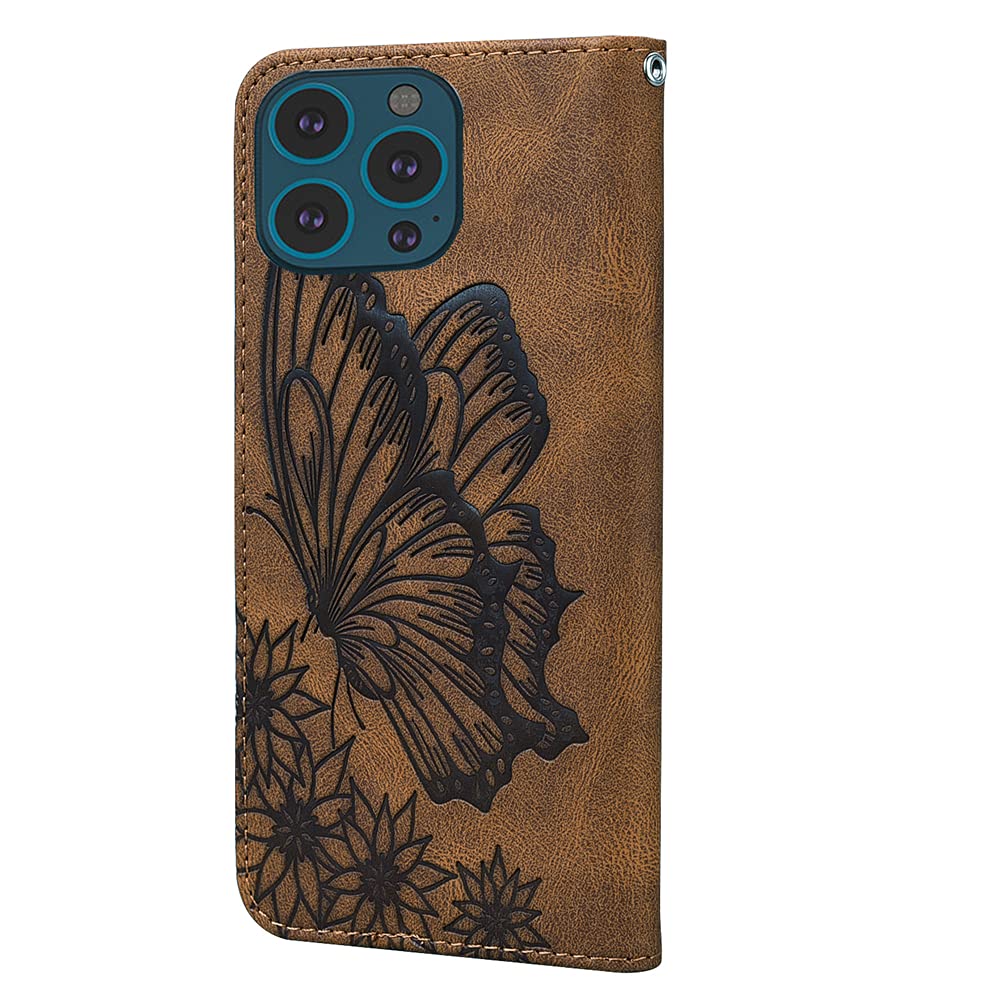 Apple iPhone 13 Pro Max Case - Butterfly Embossed PU Leather Flip Wallet Cover with Card Slots & Stand | Protective Case for iPhone 13 Pro Max (Butterfly Brown) | Perfect for Daily Use, Travel & Business Meetings