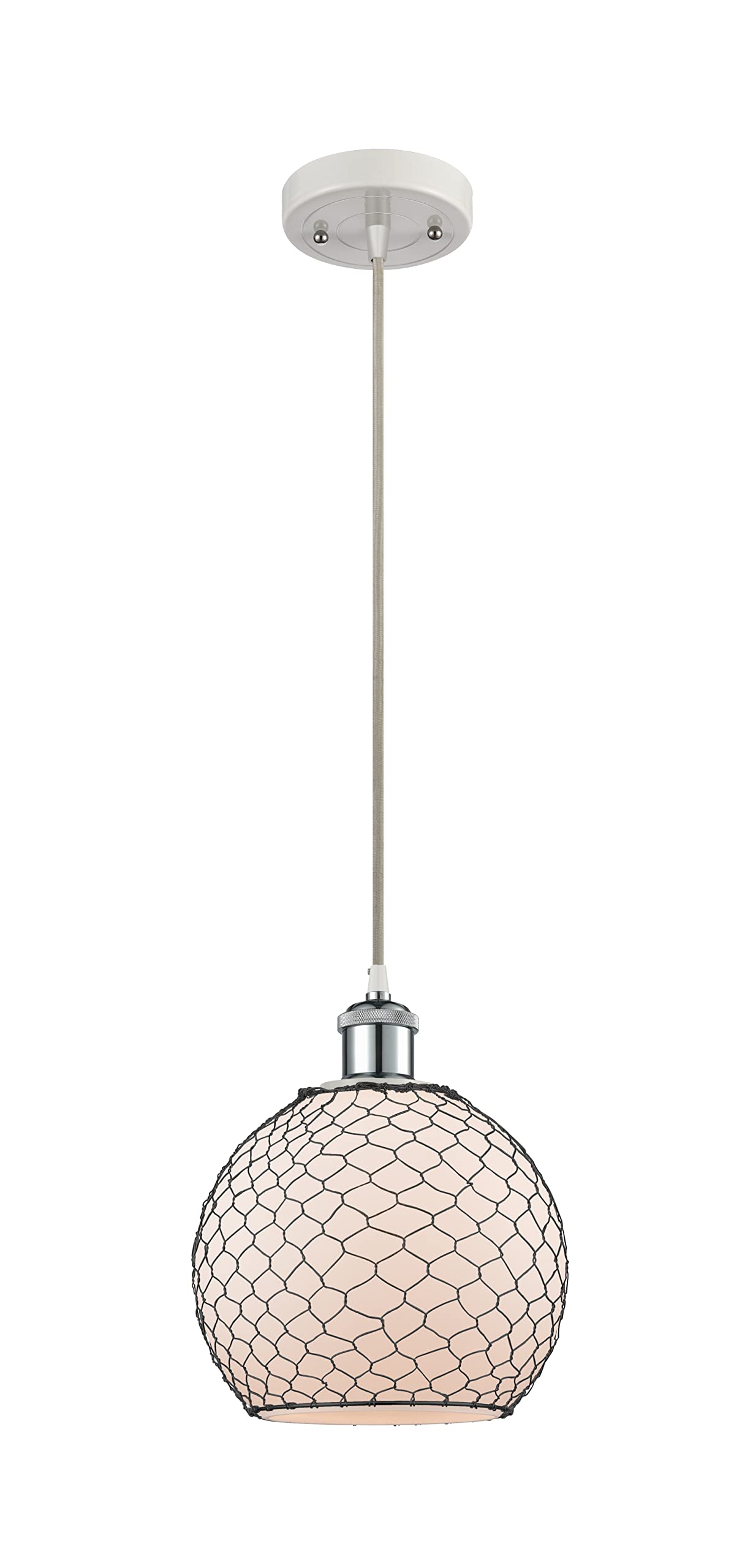 Ballston Collection Farmhouse Chicken Wire Mini Pendant Light - 1-Light White & Polished Chrome LED Fixture for Kitchen Island, Dining Room, or Entryway Lighting