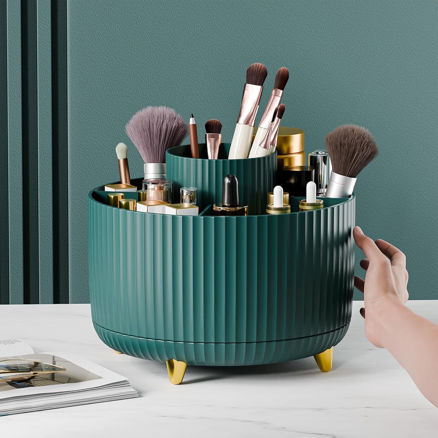 INKULTURE 360° Rotating Makeup Brush Holder Organizer - Countertop Vanity Storage for Cosmetics, Skincare & Beauty Tools | Green Cosmetic Brush Stand for Bathroom, Dressing Table & Desktop | Perfect for Makeup Artists & Beauty Enthusiasts