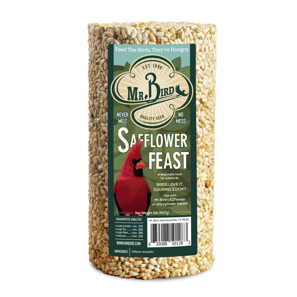 Mr. Bird Safflower Feast Wild Bird Seed Cylinder 28 oz - Premium Wild Bird Food for Outdoor Birds & Backyard Bird Feeding - Attracts Cardinals, Finches & Songbirds to Your Garden