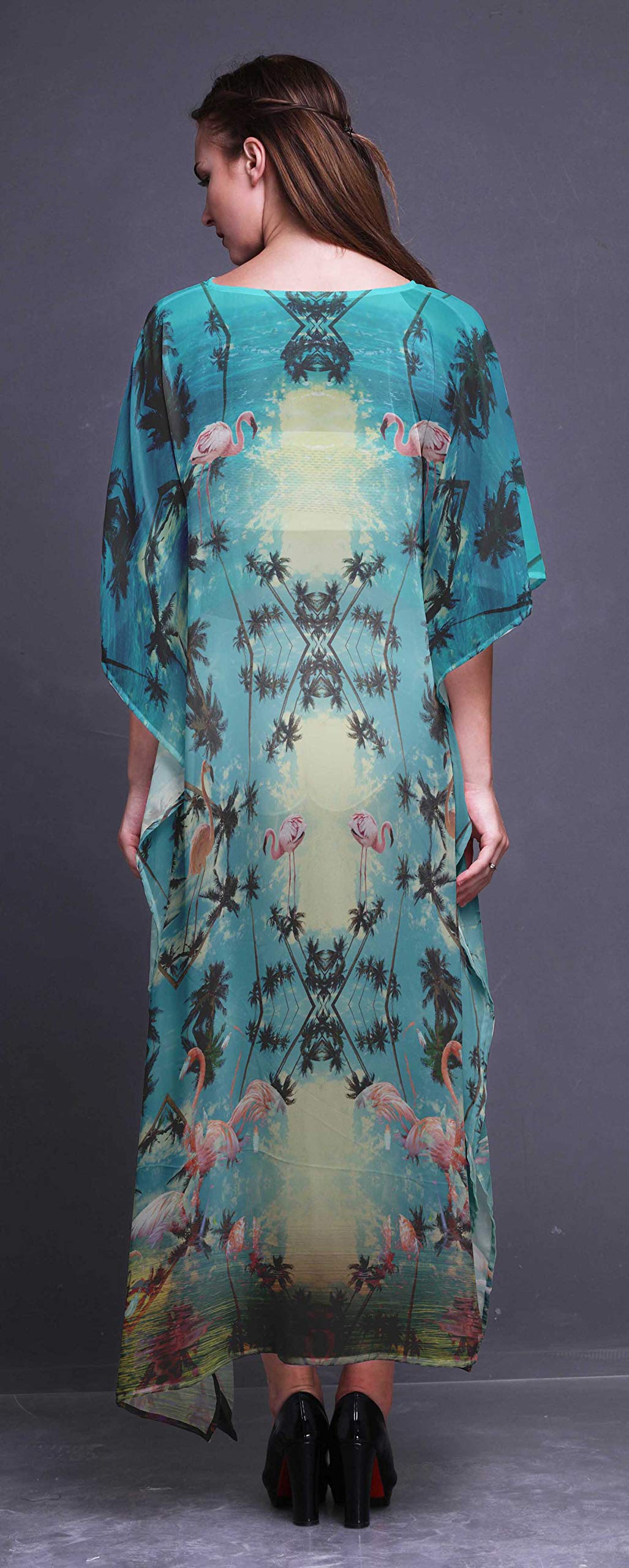 Women's Floral Palm Tree & Flamingo Beach Kaftan - Breezy Long Maxi Dress Cover Up for Swimwear | Perfect for Pool Parties, Vacations & Summer Outings