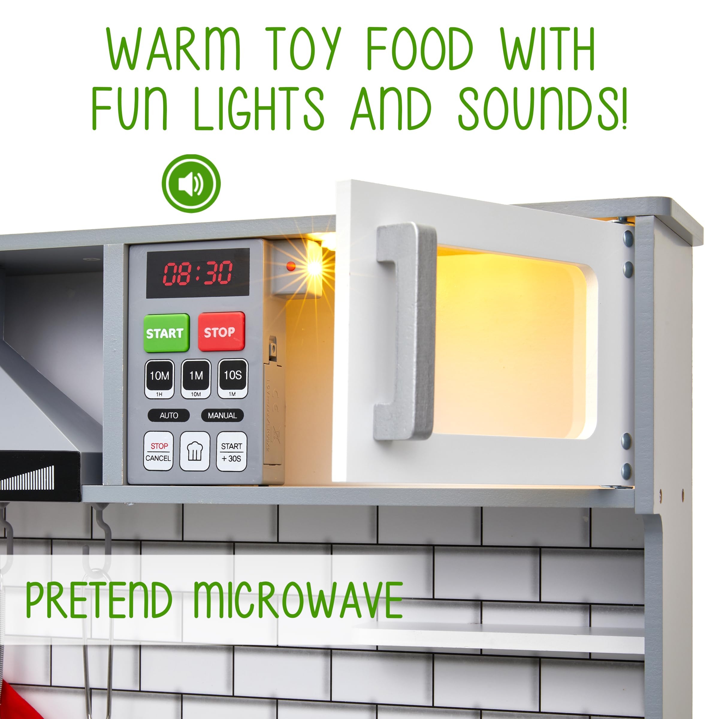 Lil' Jumbl Kids Wooden Play Kitchen Set with Realistic Sound & Light - Includes Range Hood, Microwave, Stove, Oven, Pots, Pans, Cutting Board & Utensils - Perfect for Pretend Play & Early Childhood Development