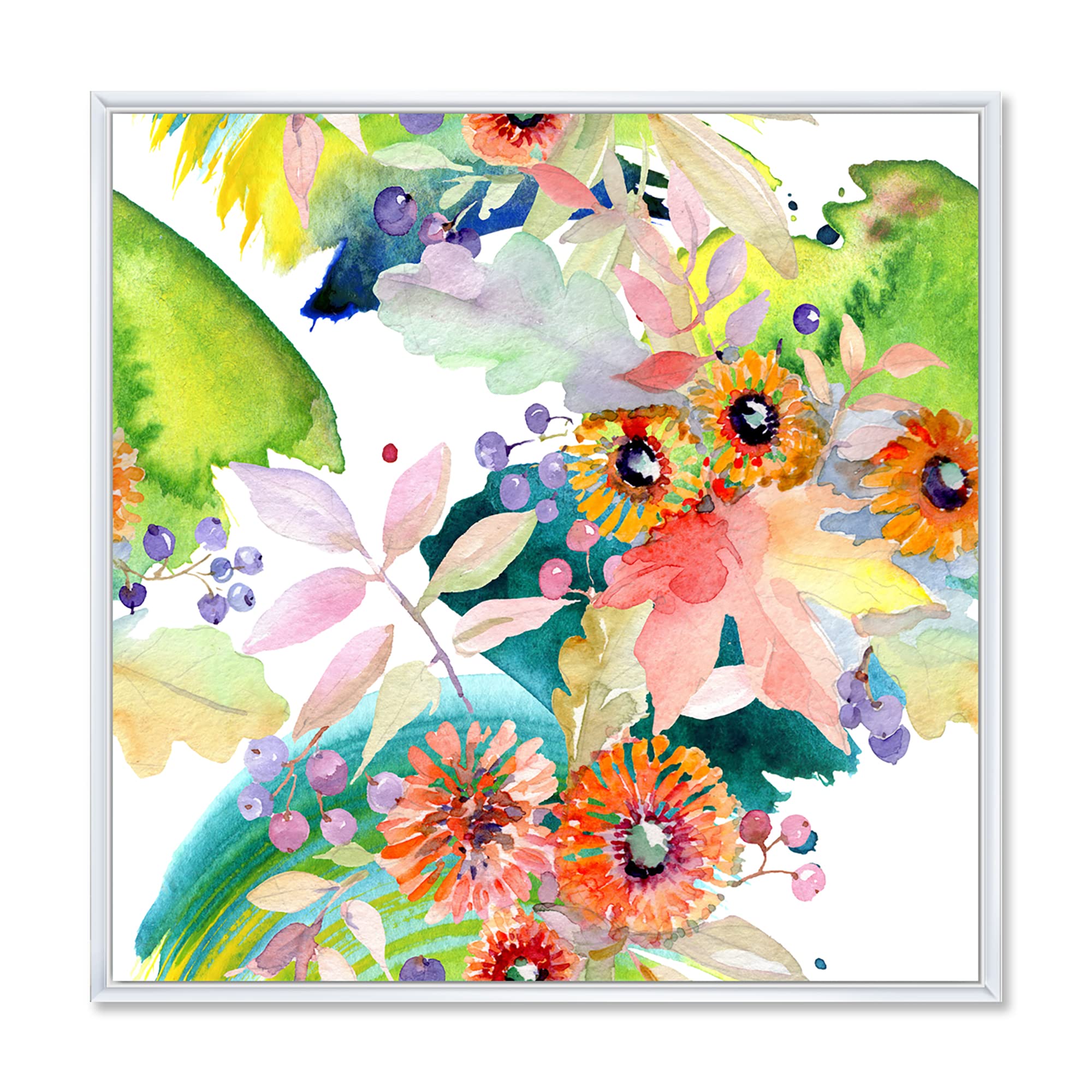 DesignQ Vibrant Wild Spring Leaves and Wildflowers III - Modern Framed Canvas Wall Art Print for Living Room, Bedroom & Office Decor