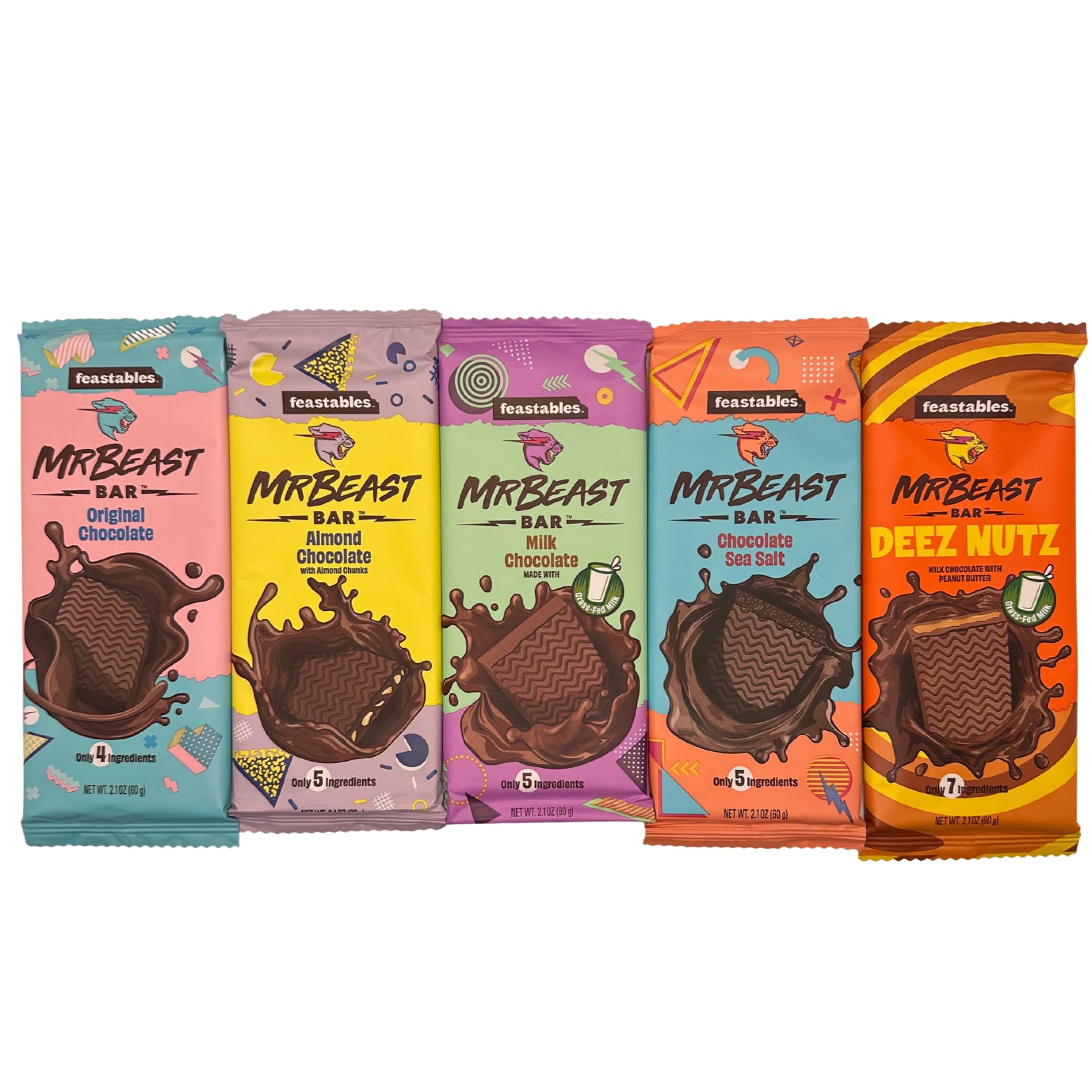 Feastables Mr Beast Chocolate Bars Variety Pack - 5 Pack Includes Deez Nuts Peanut Butter Milk Chocolate, Original Dark, Milk Chocolate, Sea Salt & Almond - Perfect for Gifts, Snacking & Party Favors