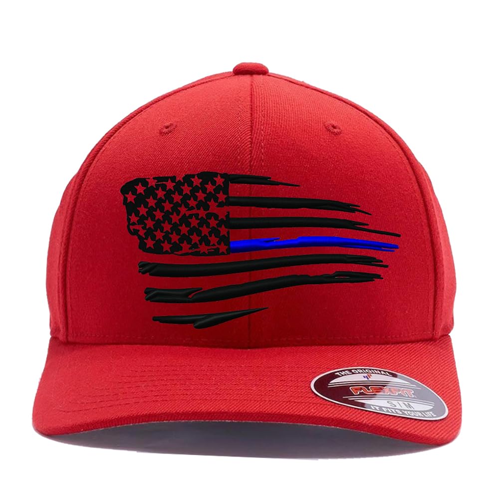 Flexfit Thin Red Line & Thin Blue Line Waving USA Flag 6277 Wool Blend Cap - L/XL Red - Patriotic Baseball Hat for Police, Firefighters & First Responders