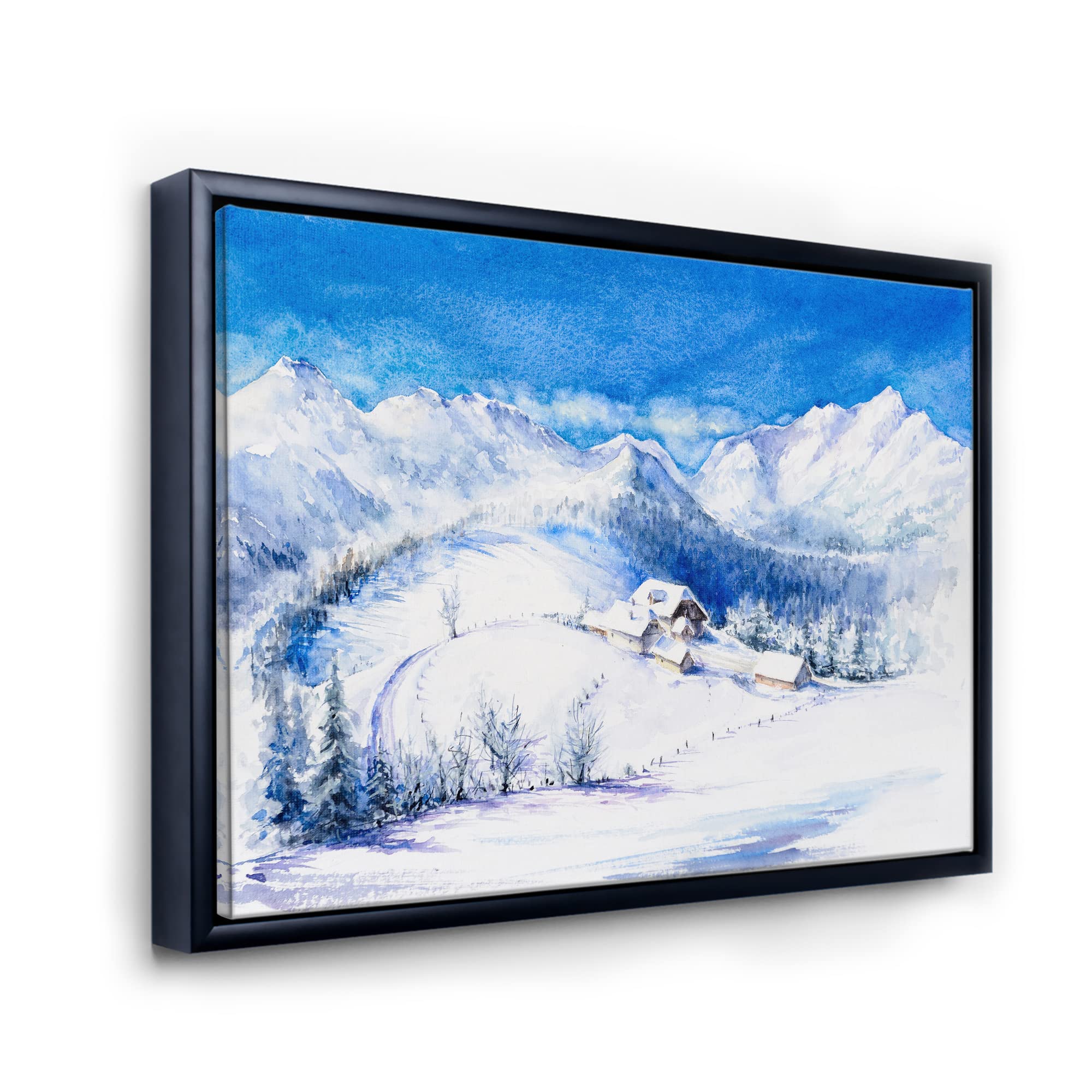 DesignQ Winter Mountain Landscape With Wooden House - Traditional Framed Canvas Wall Art Print for Living Room, Bedroom & Office Decor