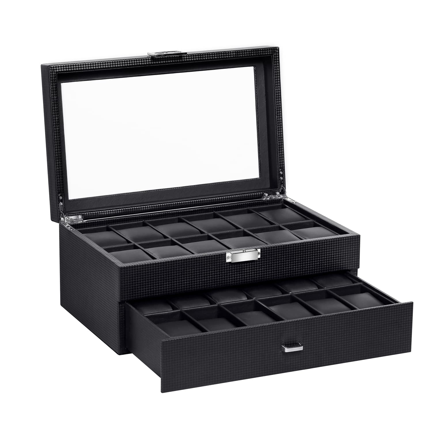 BASTUO 24-Slot Luxury Black Watch Box Organizer with Drawer for Men - Perfect for Watch Storage, Display, and Travel