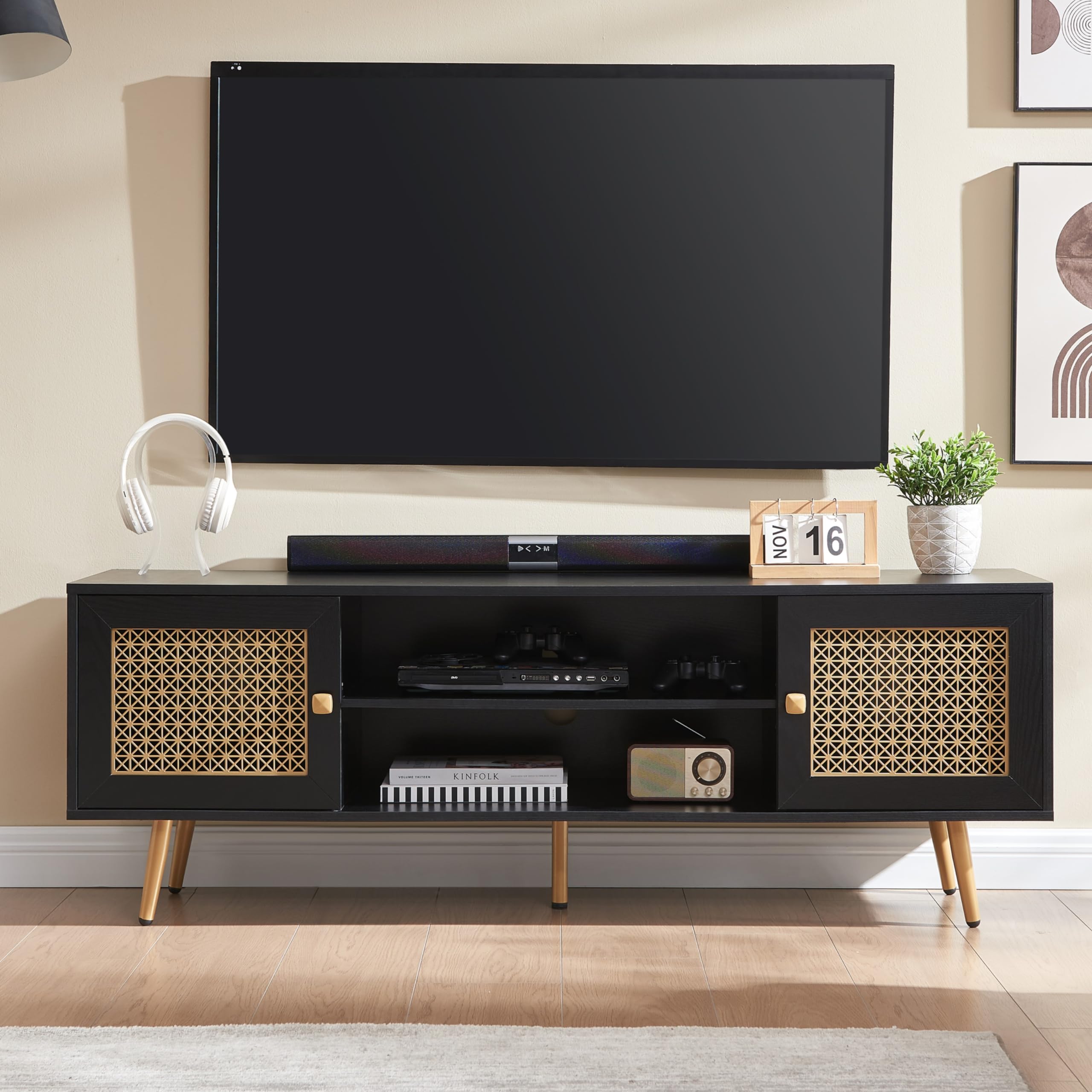 Mid Century Modern TV Stand for 65 Inch TV - Entertainment Center with Storage & Metal Mesh Cabinet Doors - Black Living Room Furniture for Home Theater Setup