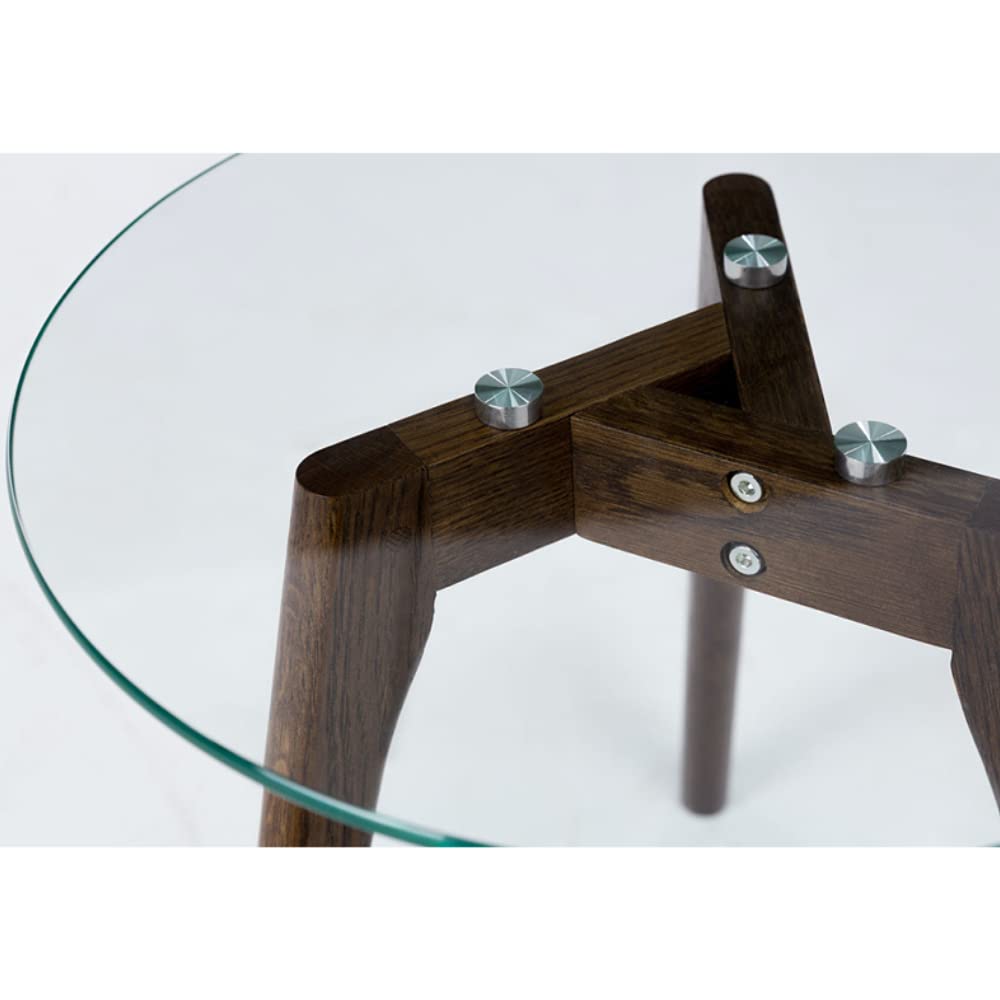 Round Tempered Glass End Table - Modern Minimalist Coffee Table with Triskele Walnut Wood Legs (23.6