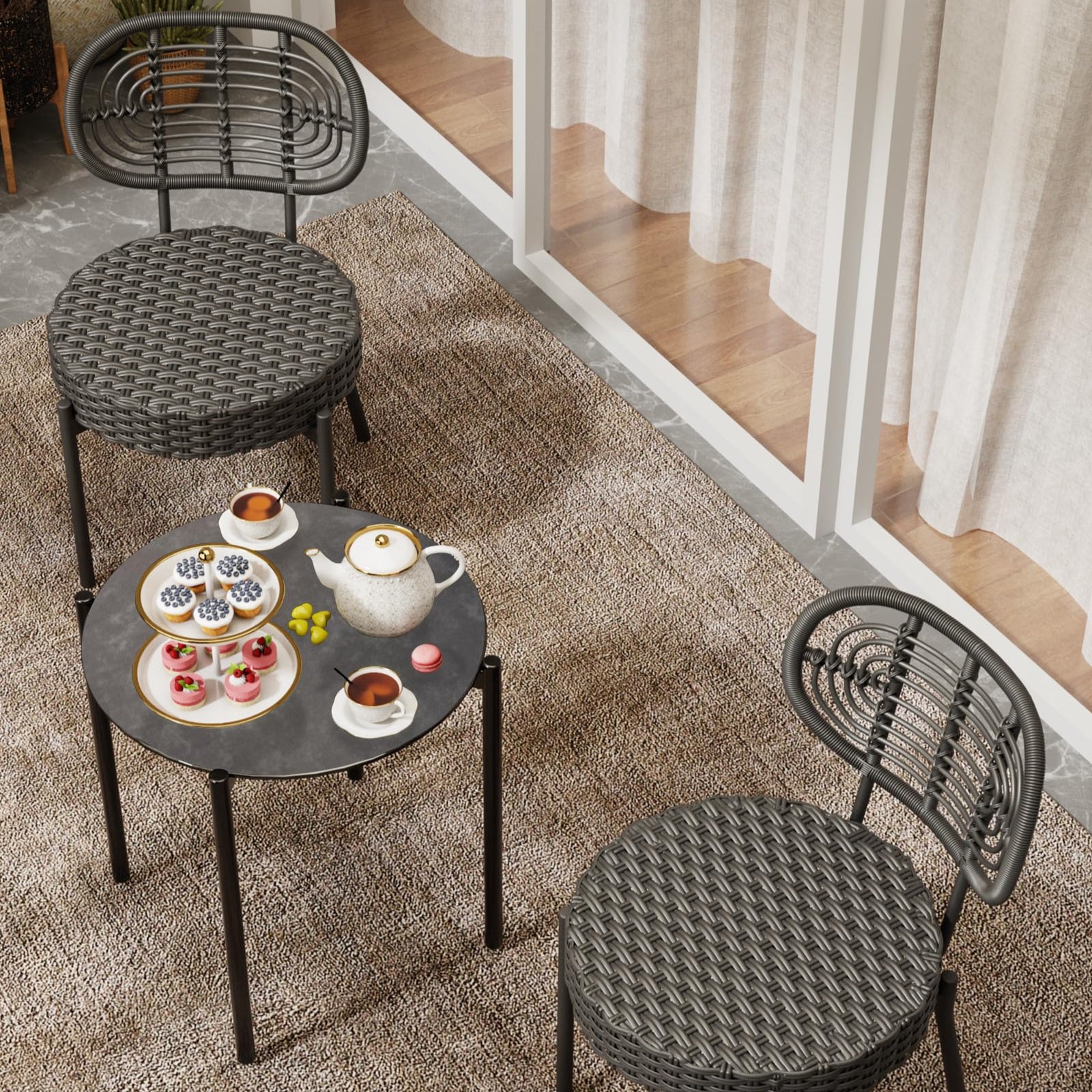 GARVEE 3-Piece Outdoor Patio Bistro Set - Black & Grey Wicker Rattan Chairs with Table - Perfect for Backyard, Deck, Garden & Balcony Relaxation