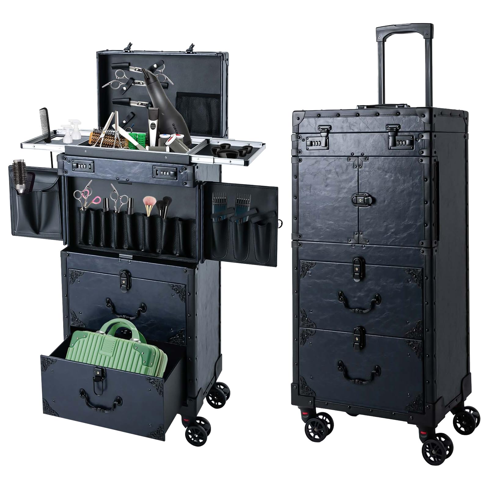 Professional Rolling Makeup Train Case with 360° Swivel Wheels - Large Portable Nail & Hairstylist Organizer for Cosmetologists (Blue) | Perfect for Salon, Travel & Mobile Beauty Services