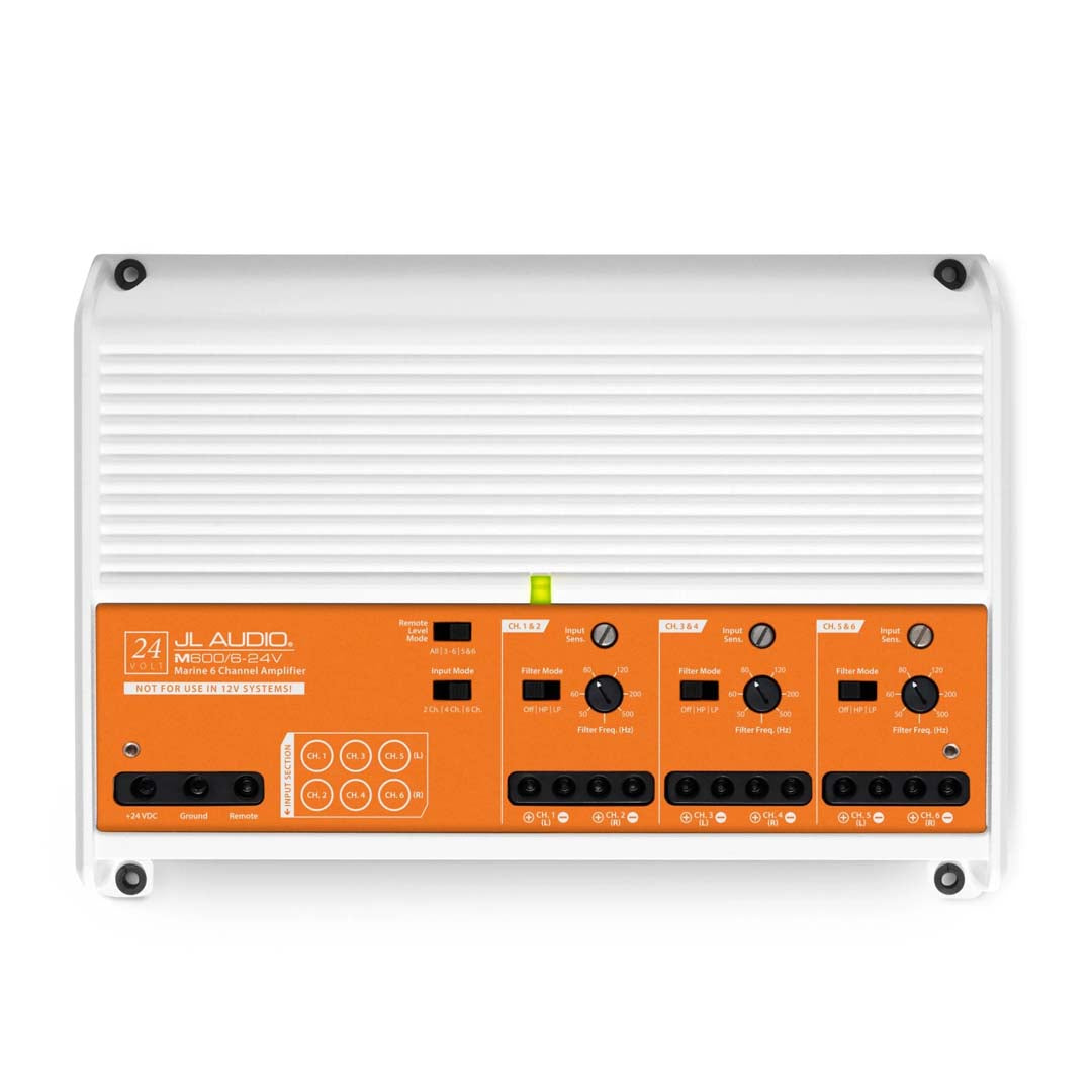 JL Audio M600/6 24V 6-Channel Marine Amplifier - 600W Class D Full Range Power for 24V Boat Audio Systems | Perfect for Marine Stereo Upgrades & Watercraft Sound Enhancement