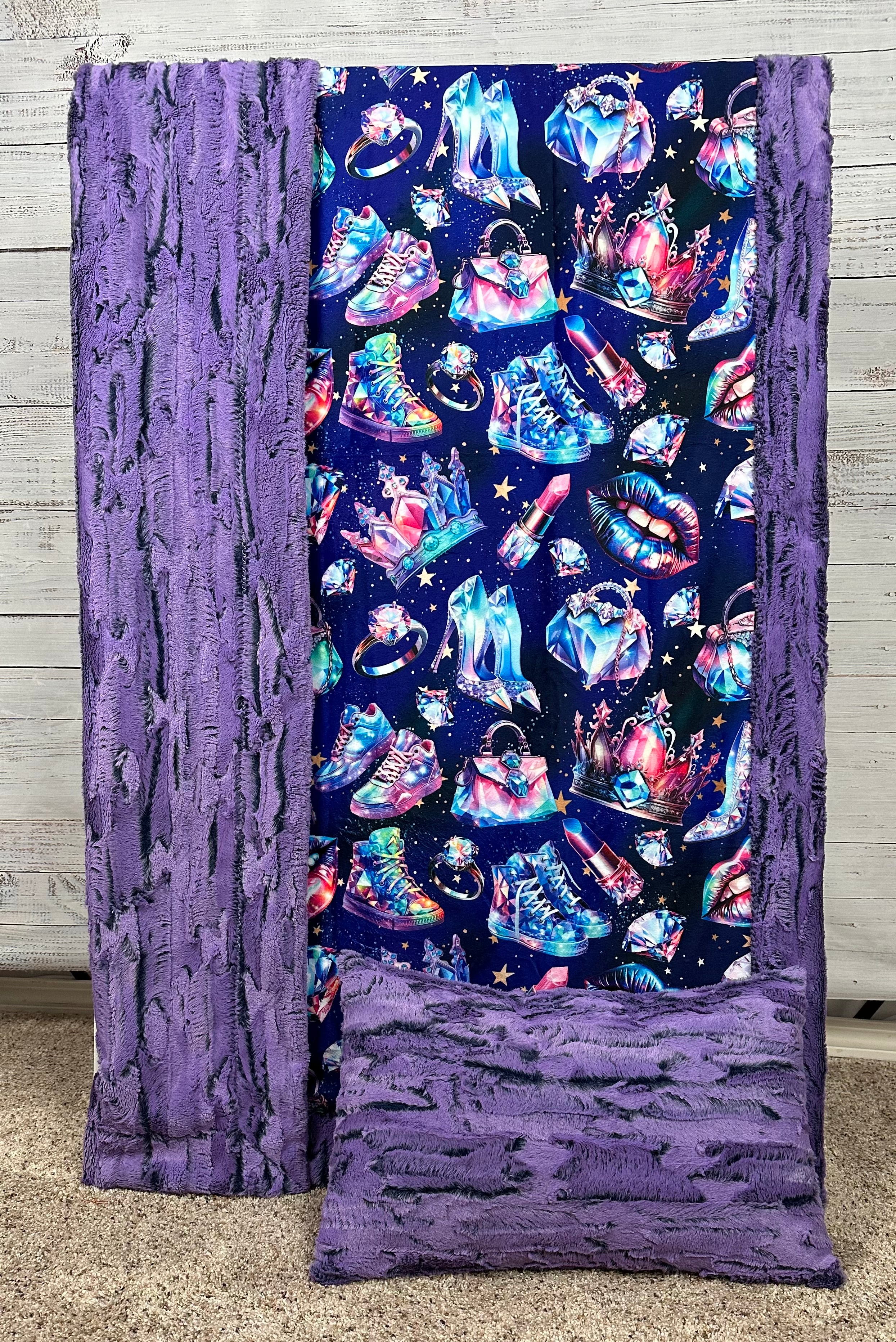 Luxury Jewel Luxe 41x60 Minky Blanket with Pillowcase for Kids & Toddlers - Sparkling Tiaras, Diamonds & Sneakers Design | Perfect for Nursery, Bedtime & Gift Giving