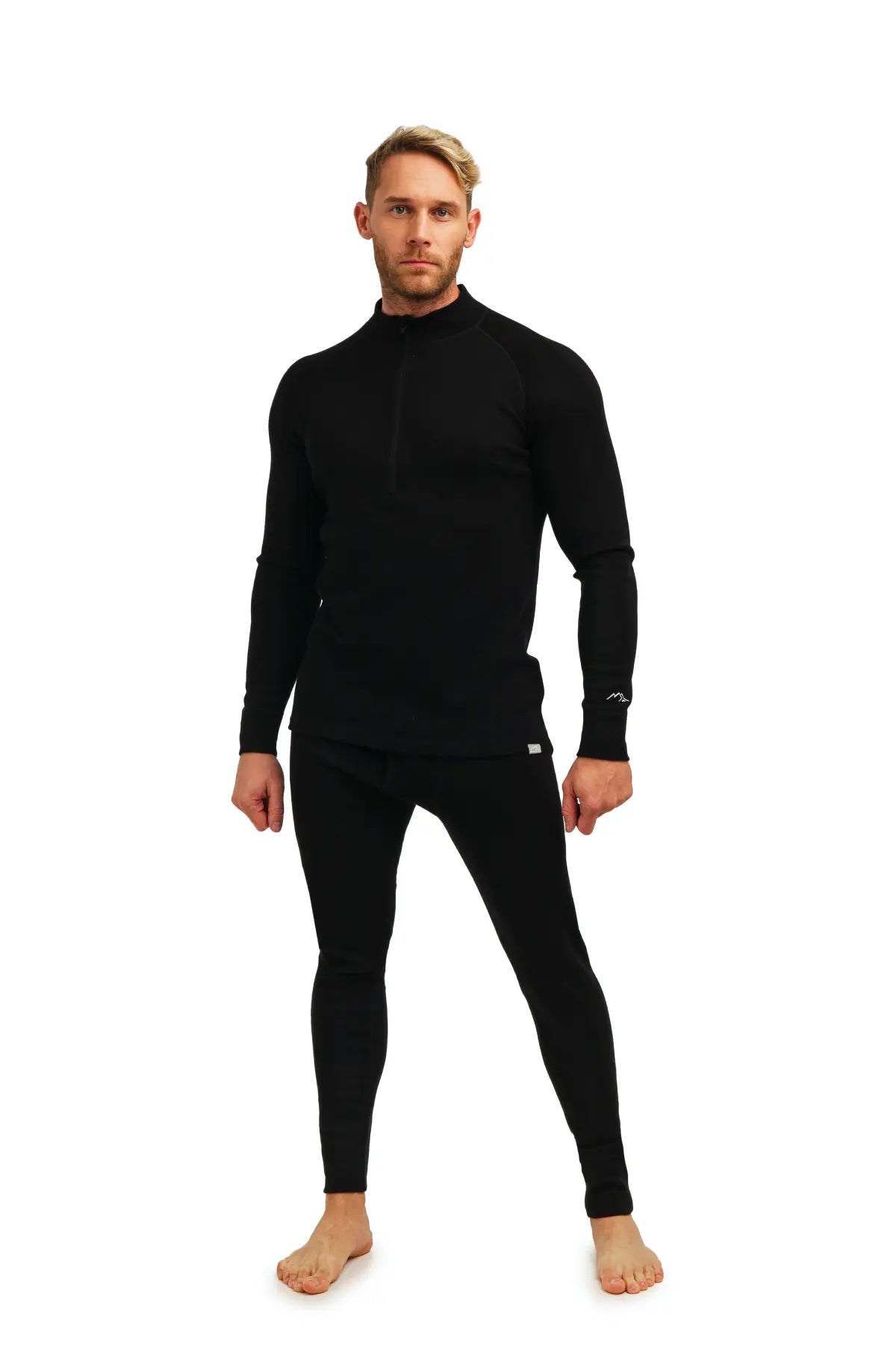 Men's Merino Wool Thermal Underwear Set with Zip - 320 GSM Black - Base Layer for Skiing, Hiking & Winter Outdoor Activities