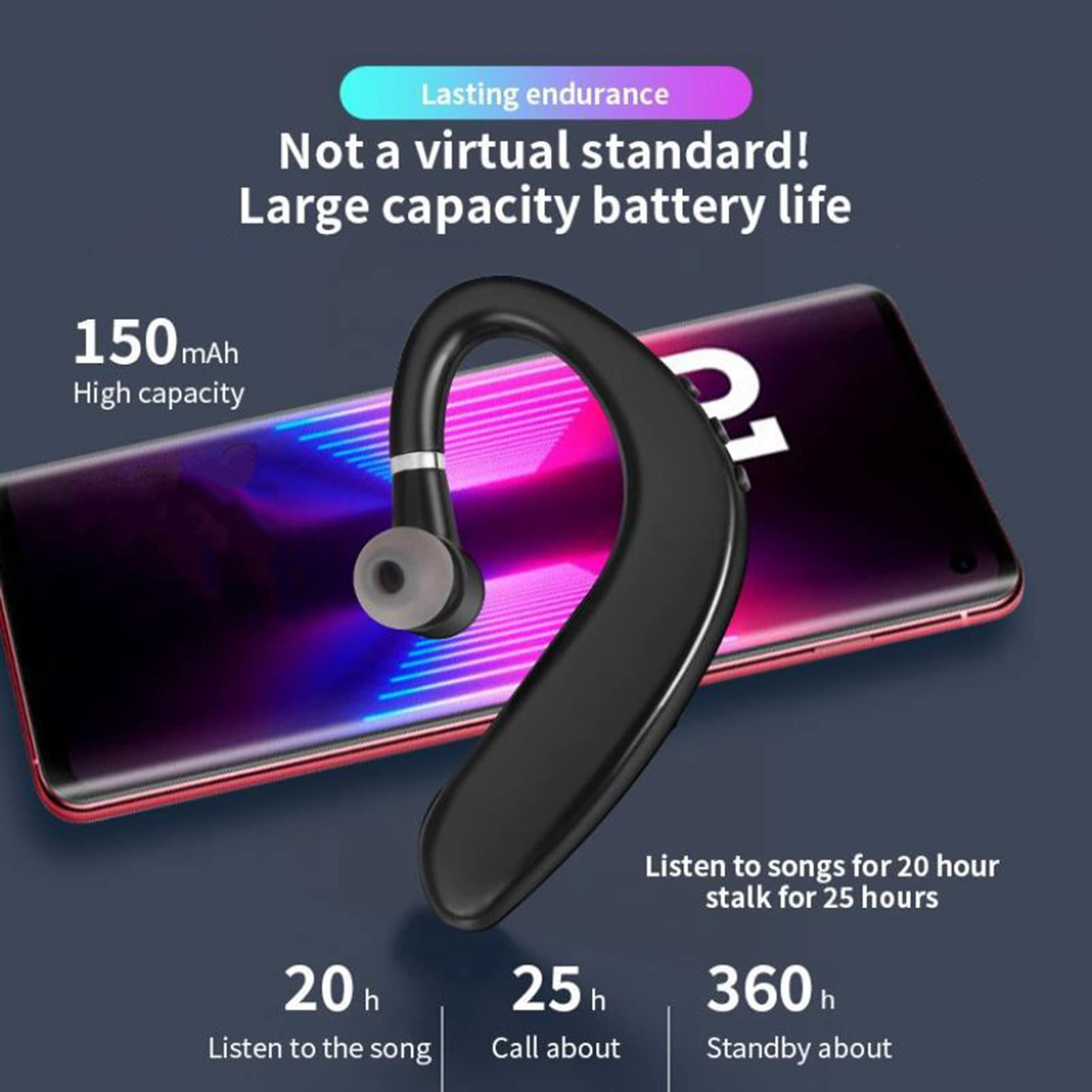 ASHATA Bluetooth 5.2 Headset - Ultra Lightweight Single Ear Wireless Headphone with Noise Reduction, Compatible with Left/Right Ear for Phone & Tablet - Perfect for Driving, Office Calls and Online Meetings