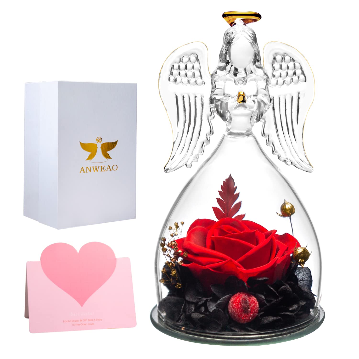 Eternal Preserved Rose in Glass Angel Figurine - Romantic Gift for Women, Mom & Grandma | Birthday, Wedding, Christmas, Thanksgiving Present | Perfect for Home Decor, Anniversary Keepsake & Special Occasion Surprise