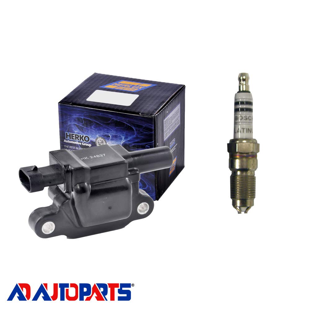 High Performance AD Auto Parts Ignition Coil Pack - Compatible with 2007-2009 Chevrolet & GMC 5.3L V8 Engines - Includes 1 Herko B058 Coil & 1 4309 Platinum Spark Plug - Improves Engine Power & Fuel Efficiency - Perfect for Daily Driving, Off-Roading & Towing
