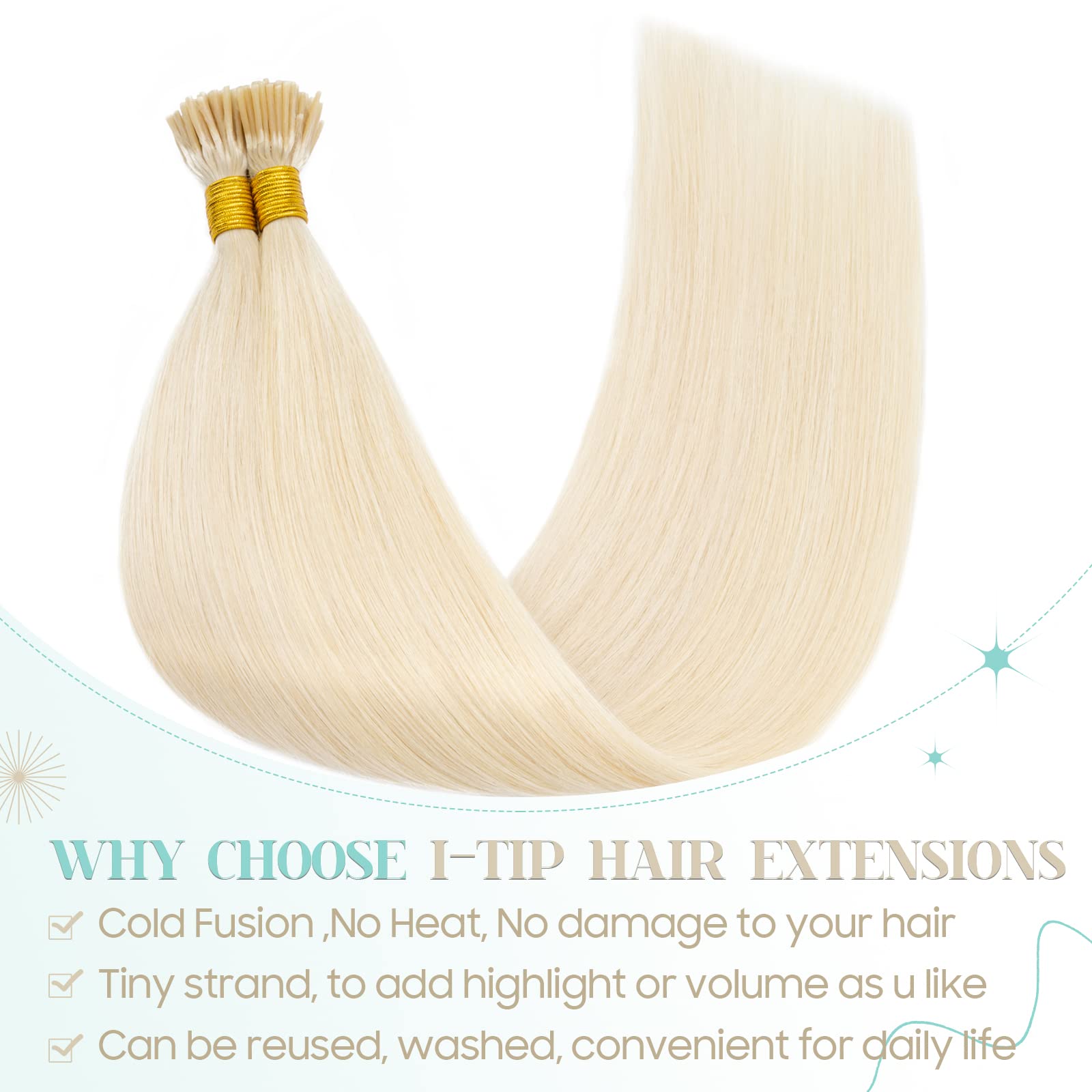S-noilite Pre Bonded I-Tip Human Hair Extensions 16 Inch 100 Strands (50g) - #60 Platinum Blonde | Cold Fusion Stick Tip Real Human Hair with Invisible Keratin Glue | Perfect for Parties, Weddings & Daily Styling