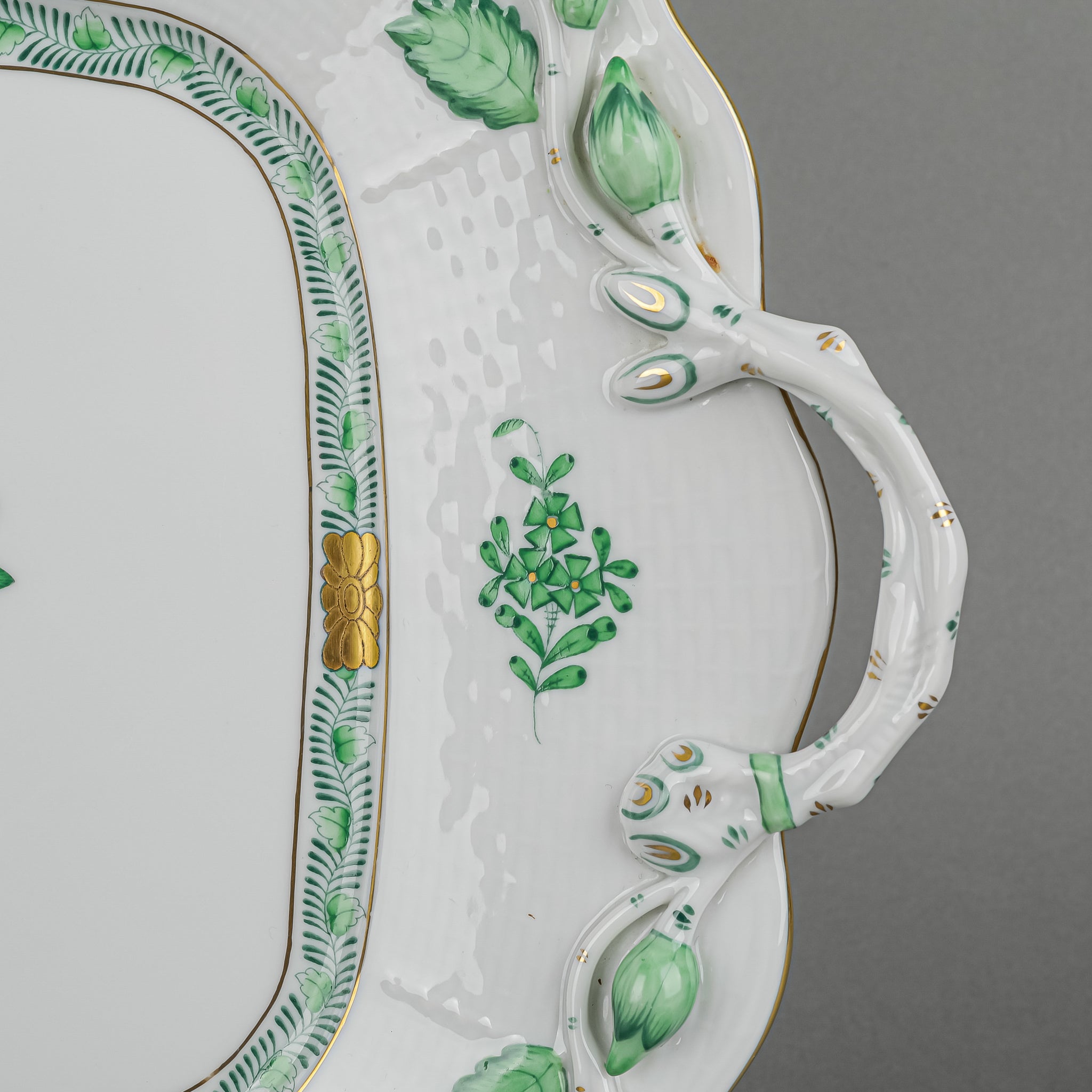 HEREND Chinese Bouquet Green Porcelain Cake Plate with Branch Handles - 430 - Elegant Dessert Serving for Afternoon Tea & Special Occasions