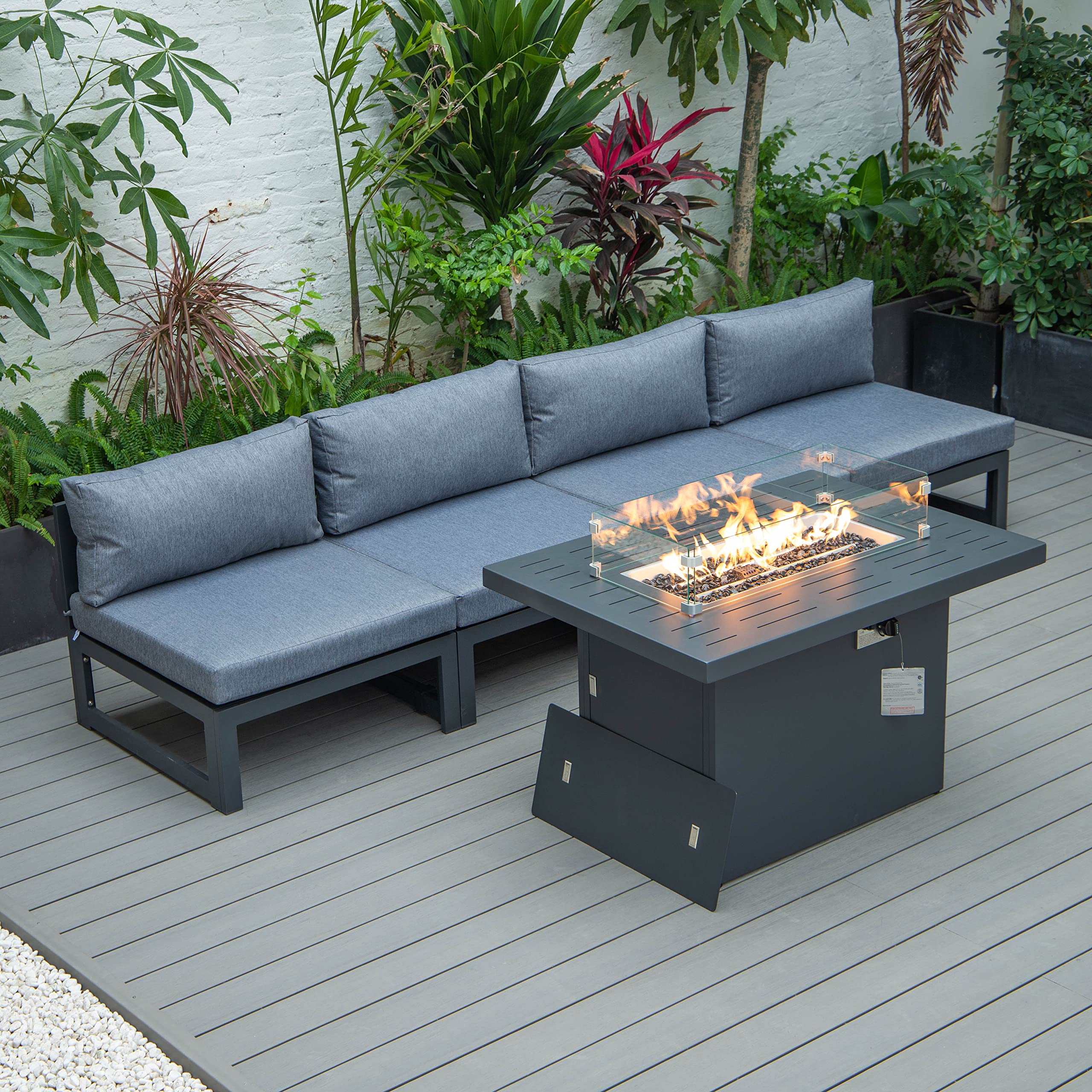 LeisureMod Chelsea 5-Piece Outdoor Patio Sectional Sofa Set with Fire Pit Table - Waterproof Blue Wicker Furniture for Backyard, Garden, Poolside & Deck Relaxation