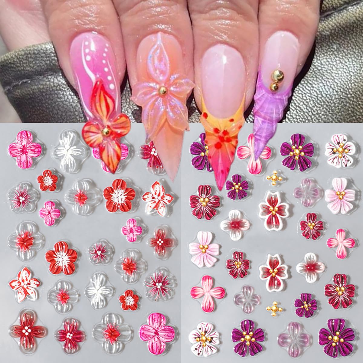 5D Embossed Hibiscus Flower Nail Art Stickers with Gold Beads - Self-Adhesive Floral Nail Decals for Women & Girls (2 Sheets) - Perfect for Autumn Manicures, Bridal Nails, and Special Occasion Nail Art