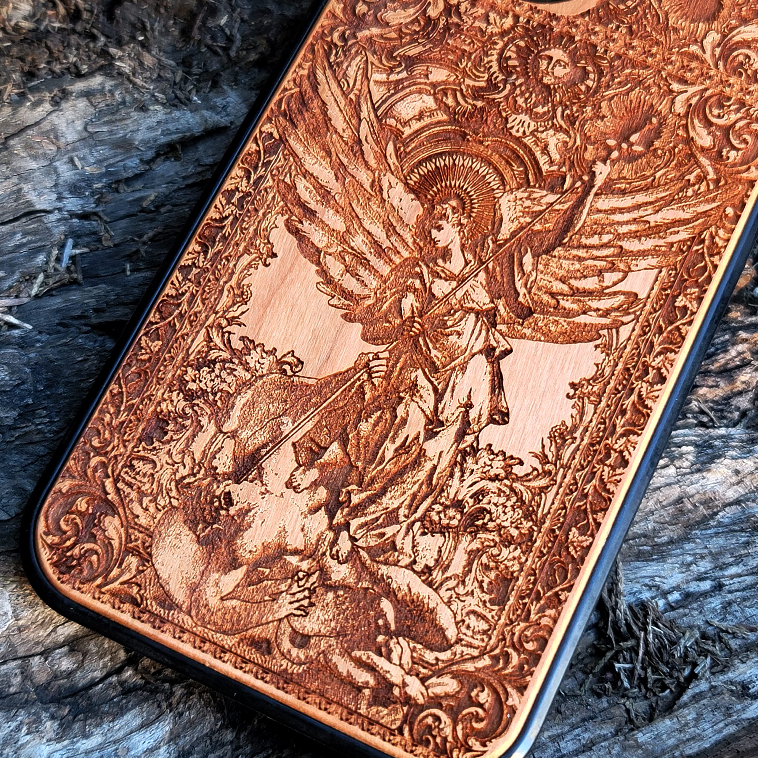 Saint Michael the Archangel Laser Engraved Wood Phone Case for iPhone 16/15/14/13/12/11 Pro Max/Mini & Galaxy S25/S24/S23/S22/S21/S20 Ultra Plus - Slim Durable Eco-Friendly Wooden Cover - Perfect for Daily Use, Travel & Gift Giving