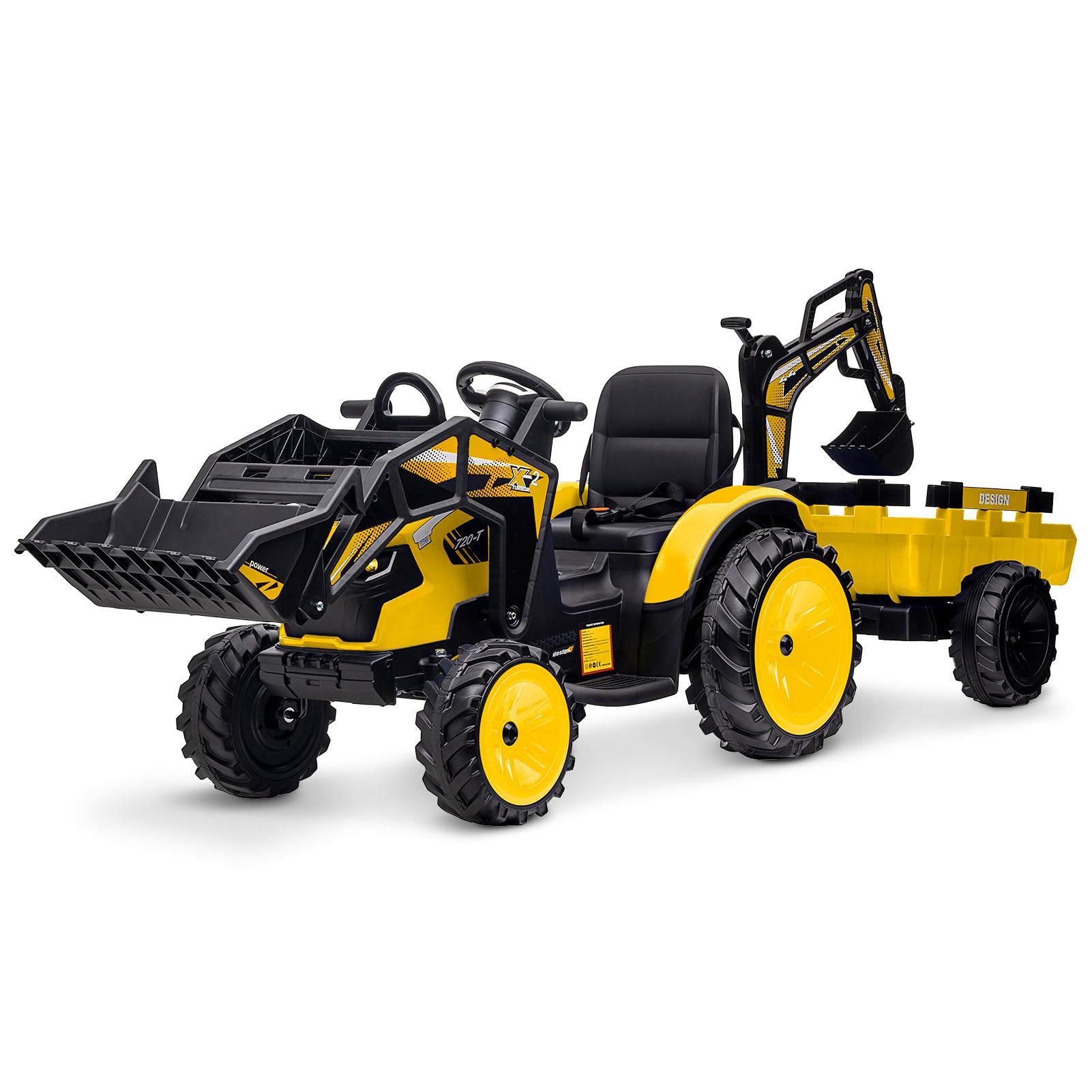 GARVEE 24V Electric 3-in-1 Ride-On Tractor with Excavator & Bulldozer - Remote Control Kids Toy with LED Lights, Music, USB/Bluetooth - Supports Up to 66 lbs - Bright Yellow - Perfect for Outdoor Play, Backyard Fun & Construction Pretend Play