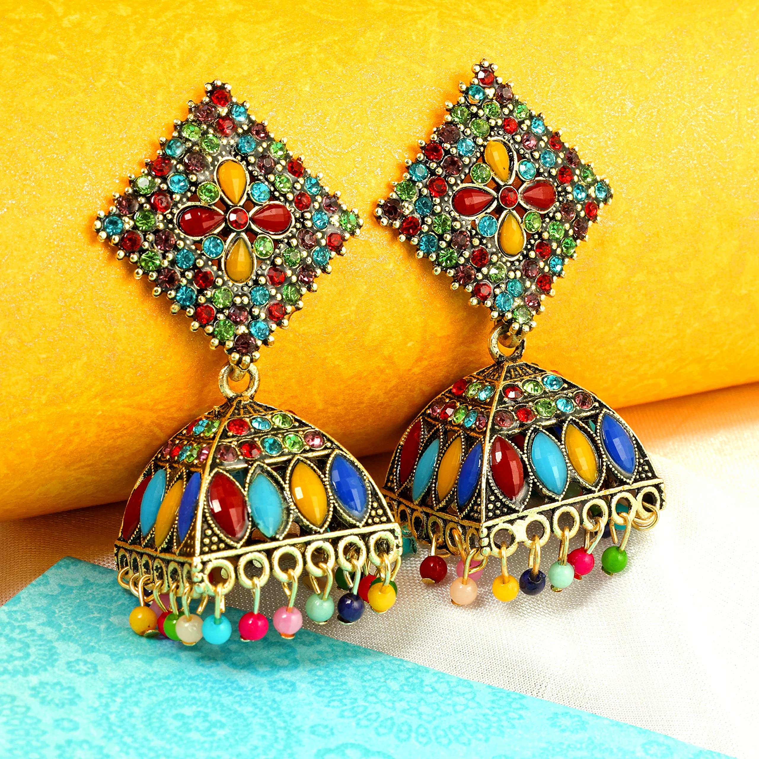 Elegant Gold Plated Cubic Zirconia Floral Jhumka Drop Earrings for Women - Geometric Traditional Boho Chic Jewelry - Perfect Gift for Sister, Wedding, Party & Special Occasions