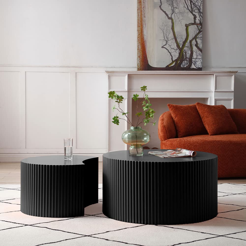 Modern Round Nesting Coffee Table Set of 2 - Wooden Drum Side & End Tables for Living Room - Black - Perfect for Small Spaces, Home Decor & Coffee Table Styling