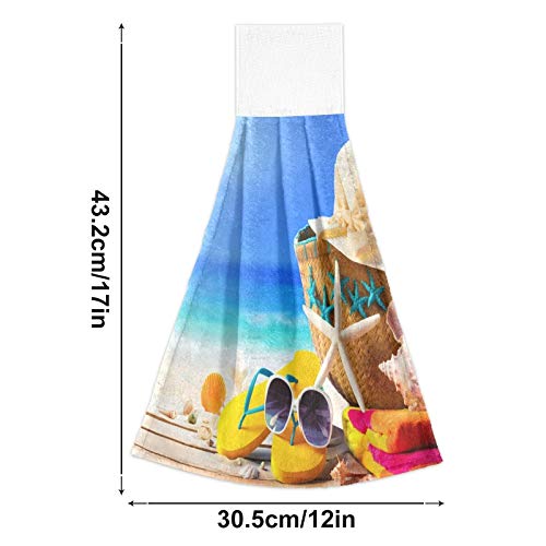 Starfish Beach Themed Summer Flip Flop Hanging Kitchen Towels - 2 Pack Soft Absorbent Dish Cloths with Loop (12x17 inches) - Perfect for Bathroom, Kitchen & Beach House Decor