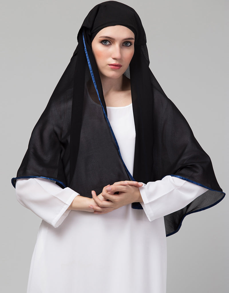 Royal Blue & Black Polyester Georgette Hijab Scarf - Lightweight Breathable Muslim Head Cover for Women - Perfect for Daily Wear, Prayer & Special Occasions