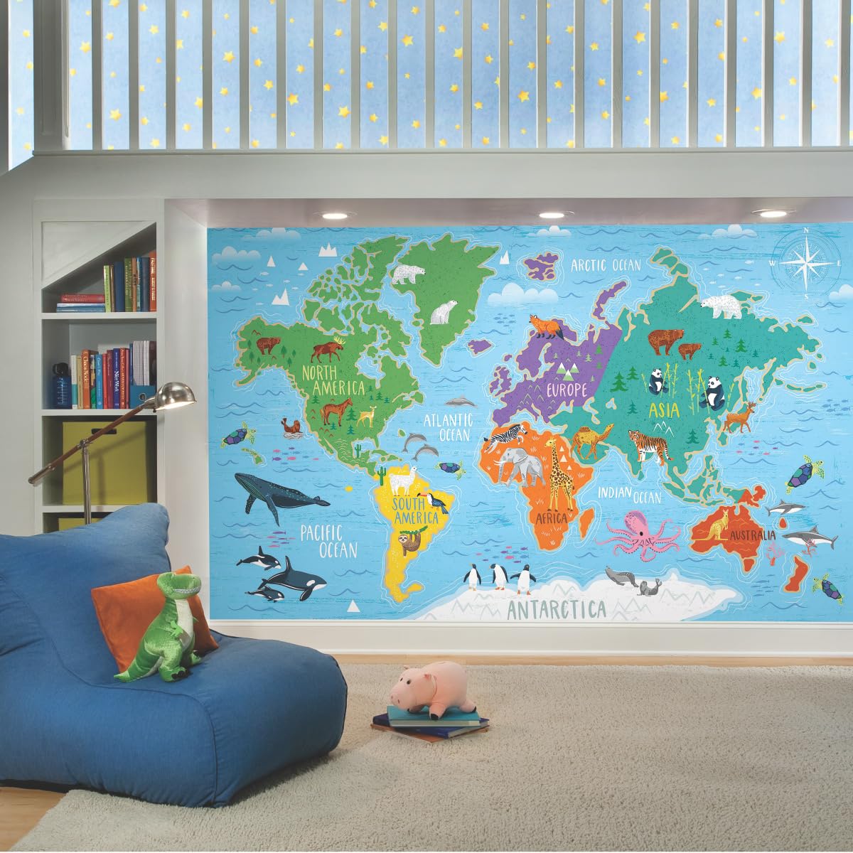 RoomMates RMK11772M World Map Peel and Stick Wall Mural - 10.5 ft x 6 ft - Educational Classroom Decor for Teachers & Homeschooling - Perfect for Geography Lessons & Kids Bedroom Decor