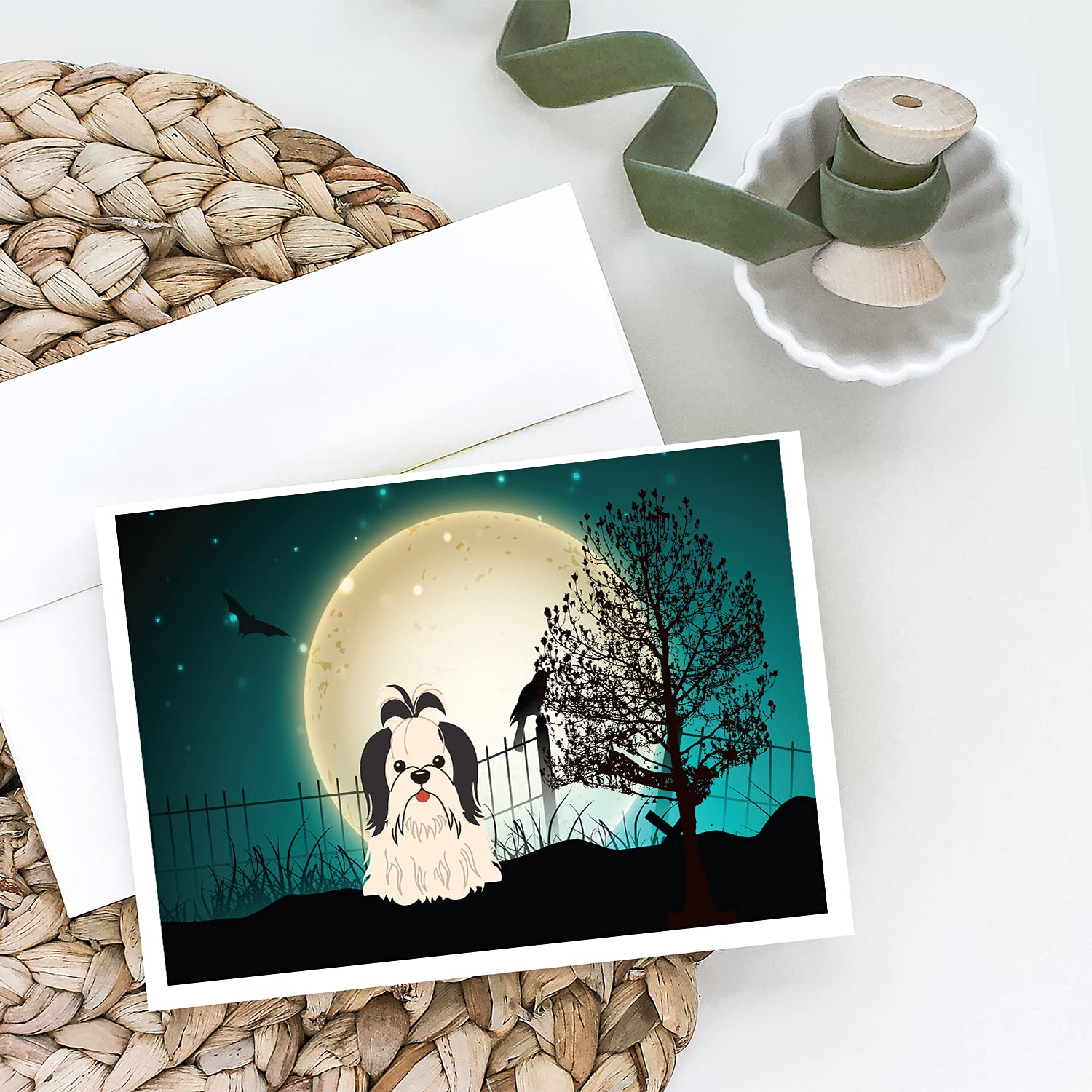 Halloween Shih Tzu Greeting Cards - Pack of 8 Blank A7 Size (5x7) Note Cards with Envelopes - Whimsical Black & White Dog Design - Perfect for Halloween Parties, Spooky Greetings & Gift Giving