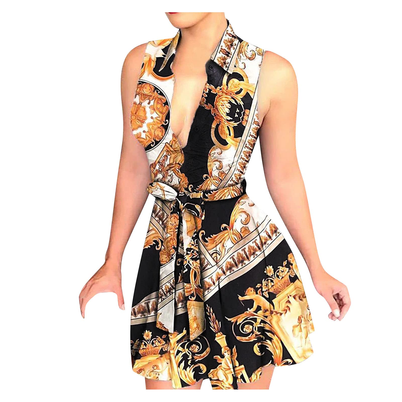 LKPJJFRG Women's Maxi Dresses - Summer & Winter Fashion with Print, Lace-up V-Neck & Buttons, Knee Length - Perfect for Beach Vacations, Date Nights & Office Wear