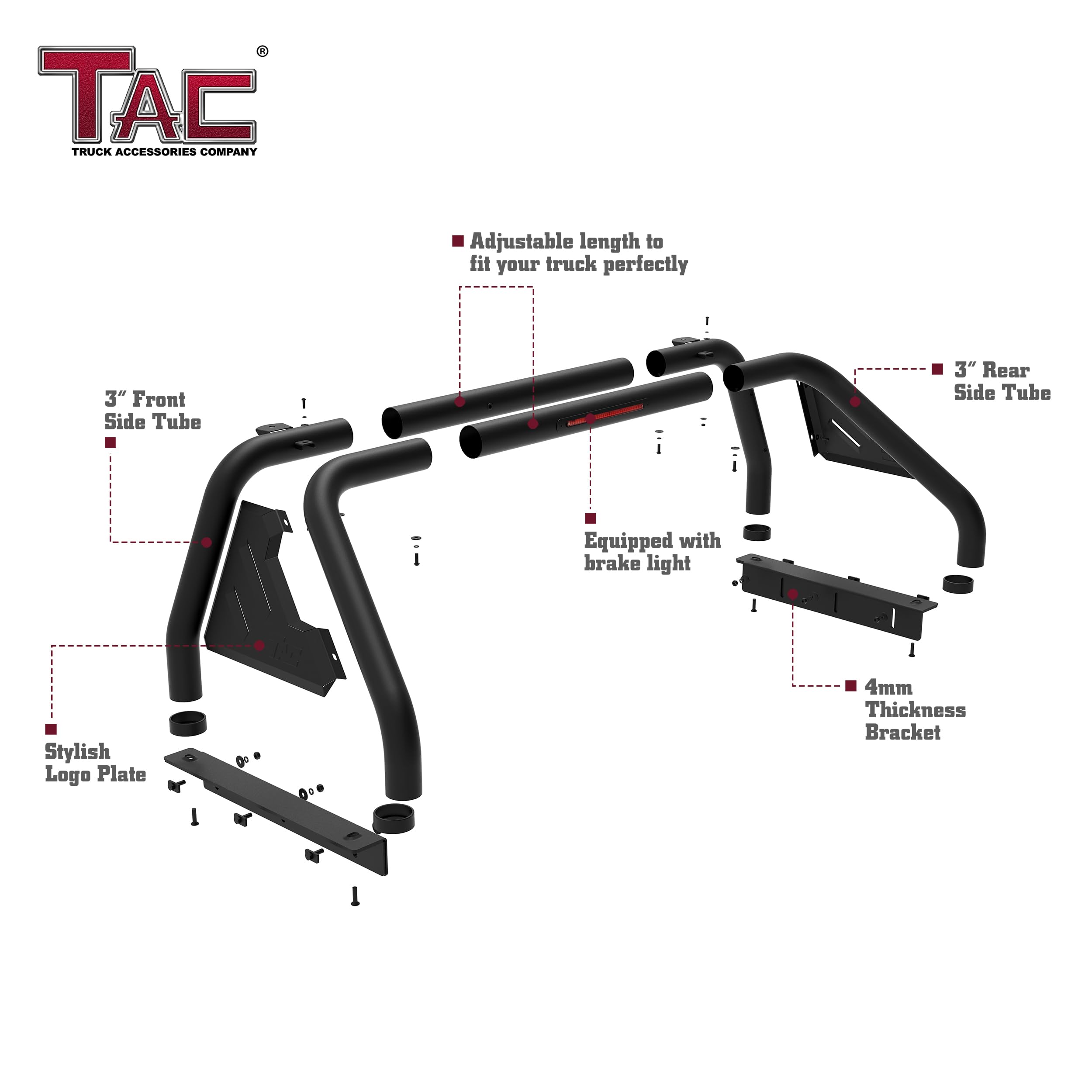 TAC T1 Roll Bar Sport Bar for 2002-2024 RAM 1500 & 2003-2024 RAM 2500/3500 Pickup Trucks | Heavy Duty Carbon Steel Construction | Matte Black Finish | Integrated LED Brake Light (Includes Mounting Plate) - Perfect for Off-Roading, Truck Customization & Enhanced Safety