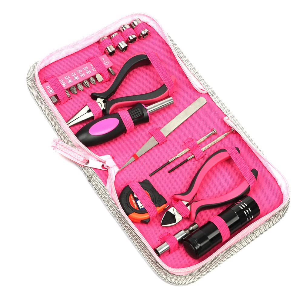 23-Piece Pink Lady Hand Tool Set with Toolbox - Household Repair Kit Including Pliers, Screwdrivers & More - Perfect for DIY Projects, Home Maintenance & Car Repairs