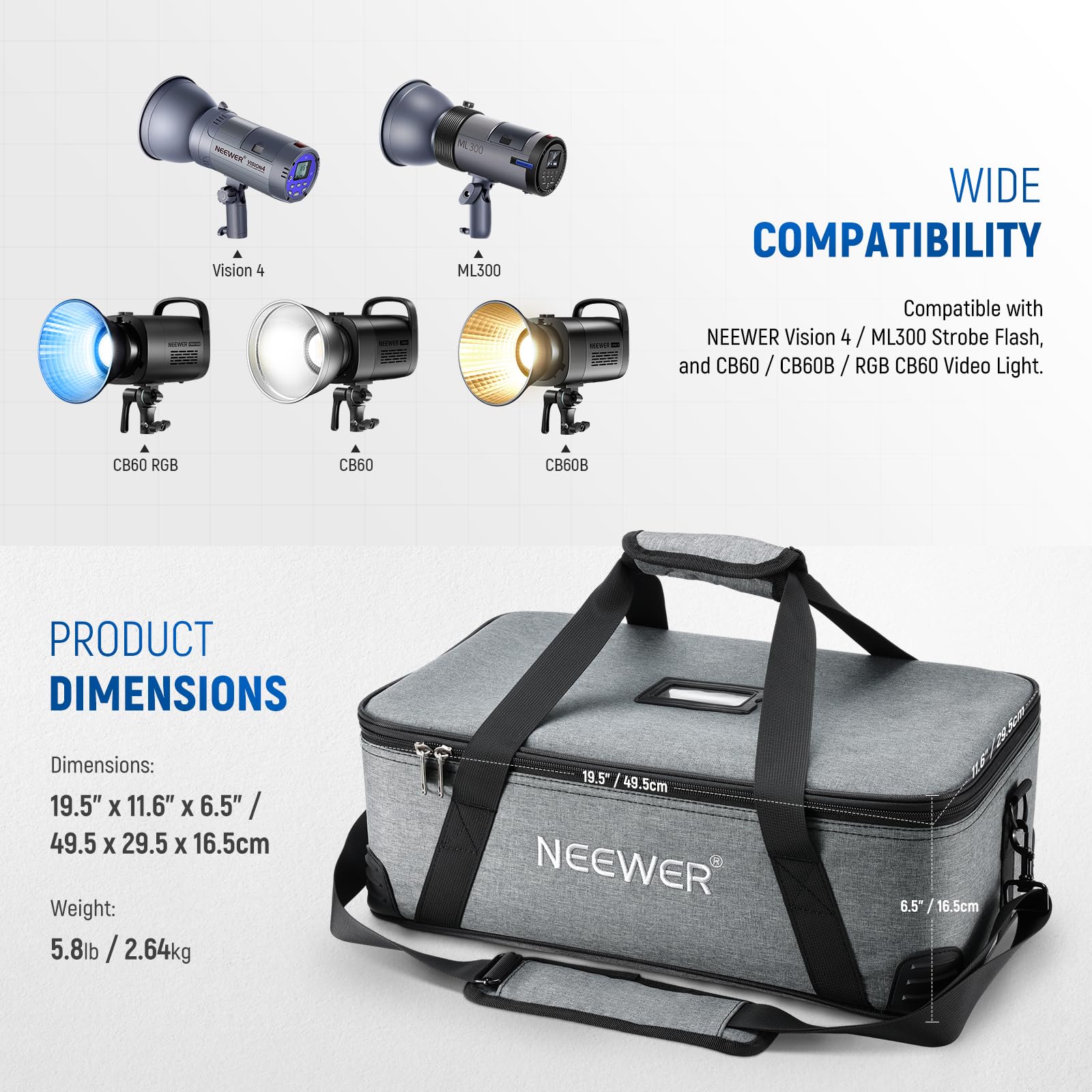 Neewer Durable Oxford Cloth Studio Light Carrying Bag with Adjustable Foam Padding - Compatible with Vision 4 ML300, CB60, CB60B, RGB CB60, MS60B, MS60C, MS150B - Includes Shoulder Strap & Handle (PB5) - Perfect for Photography Studio Equipment Transport & Travel