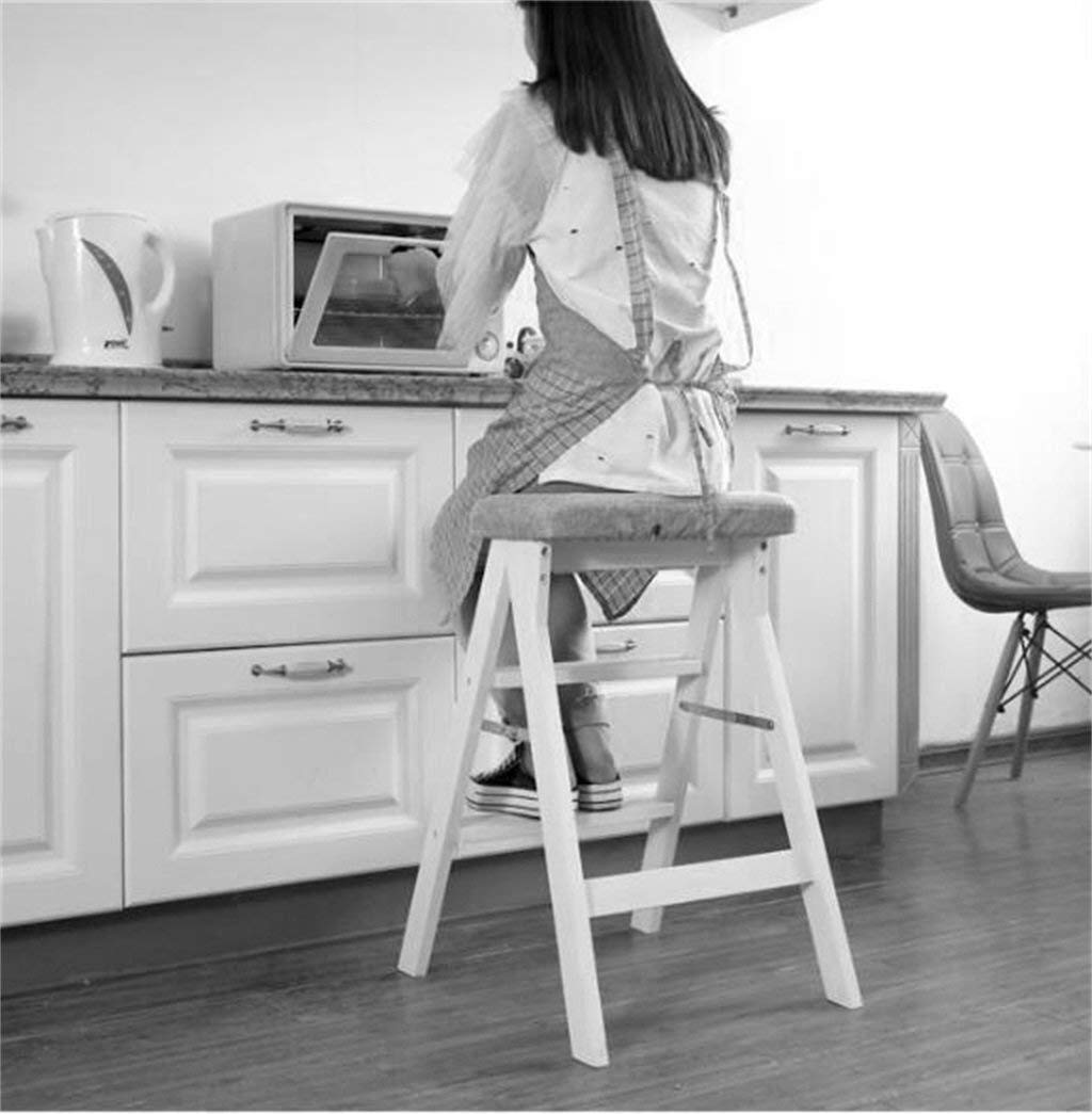 Solid Wood Folding Stool, Multifunctional Kitchen Step Stool with 3-Step Ladder, White & Blue - Perfect for Kitchen, Bathroom, and Home Organization