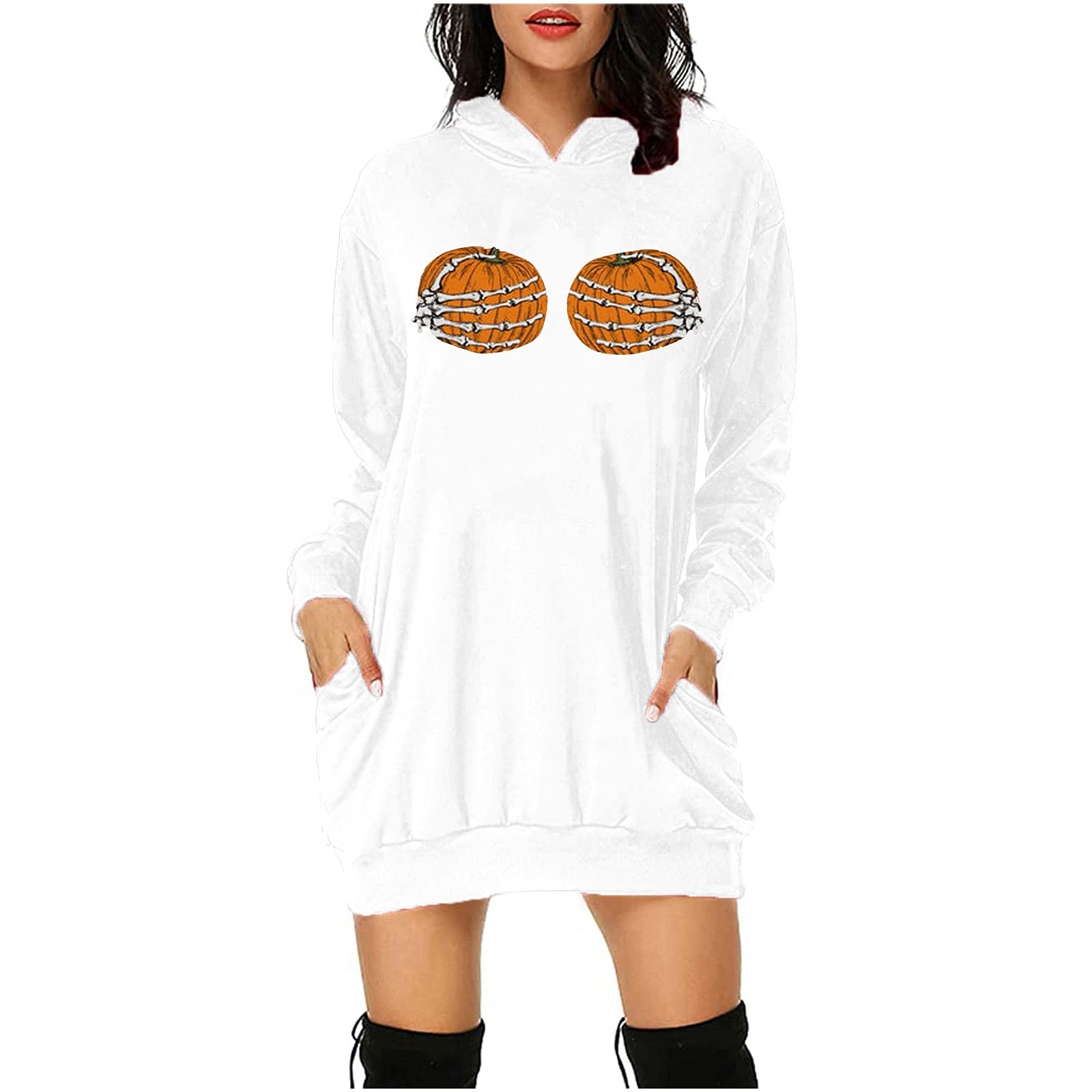 Women's Halloween Skull Pumpkin Print Long Sleeve Mini Dress with Hood - Petite Casual Outfit for Party, Cosplay & Fall Fashion